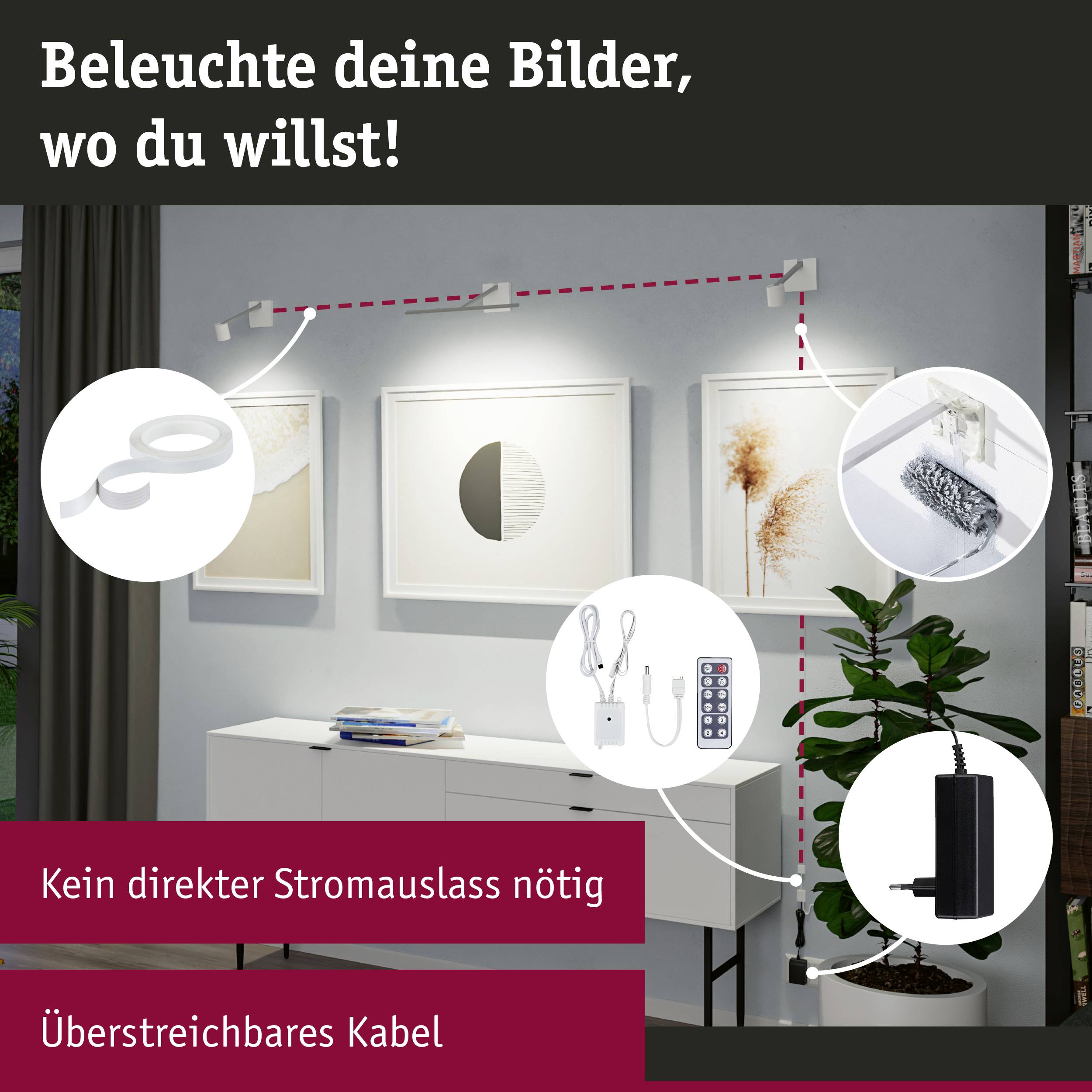 'Beleuchte deine Bilder, wo du willst!' zeigt ein Setup mit beleuchteten Bildern an der Wand, inklusive Zubehör wie Kabelführungen.