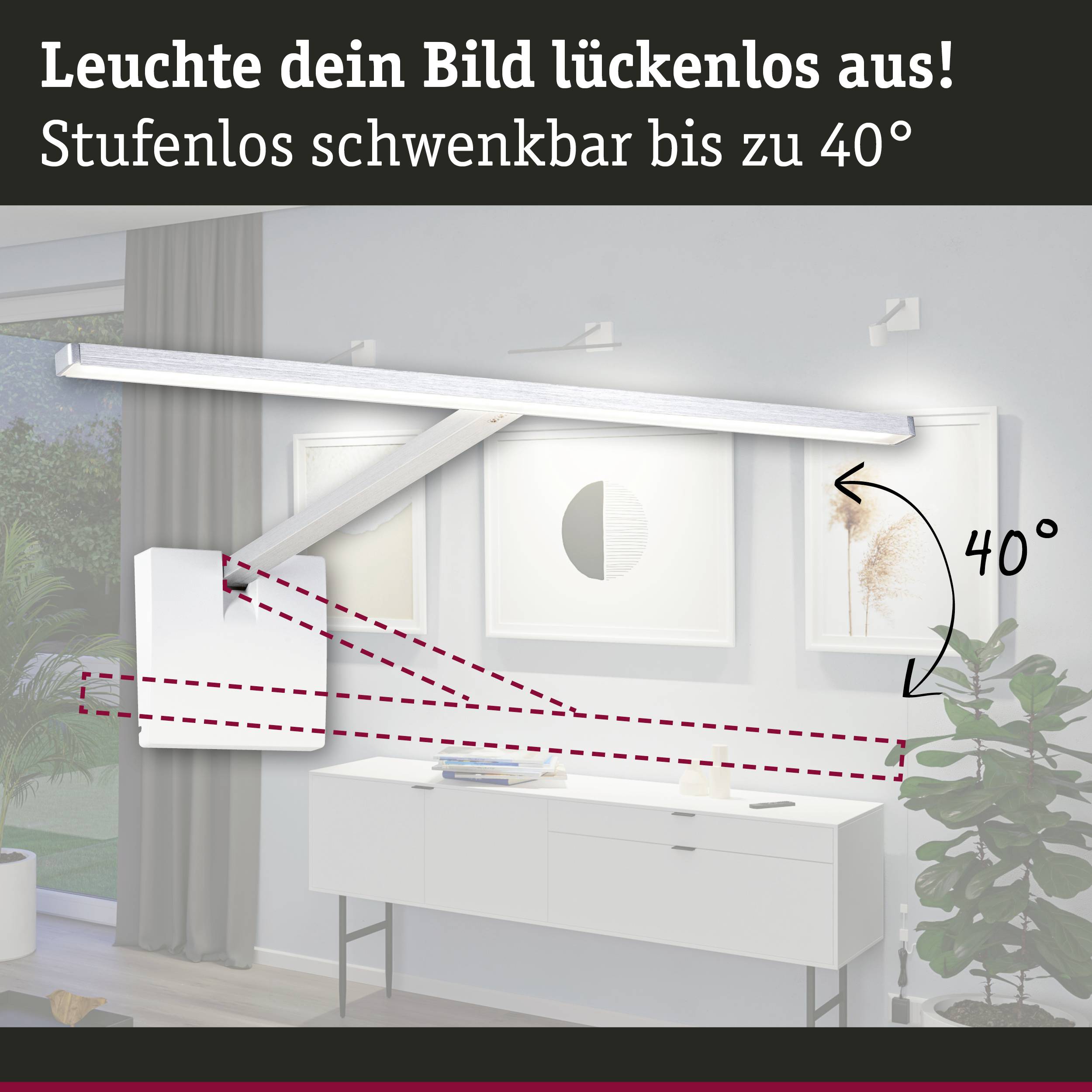 Leuchte zur Ausleuchtung von Bildern, stufenlos schwenkbar bis 40 Grad. Text: 'Leuchte dein Bild lückenlos aus! Stufenlos schwenkbar bis zu 40°'.