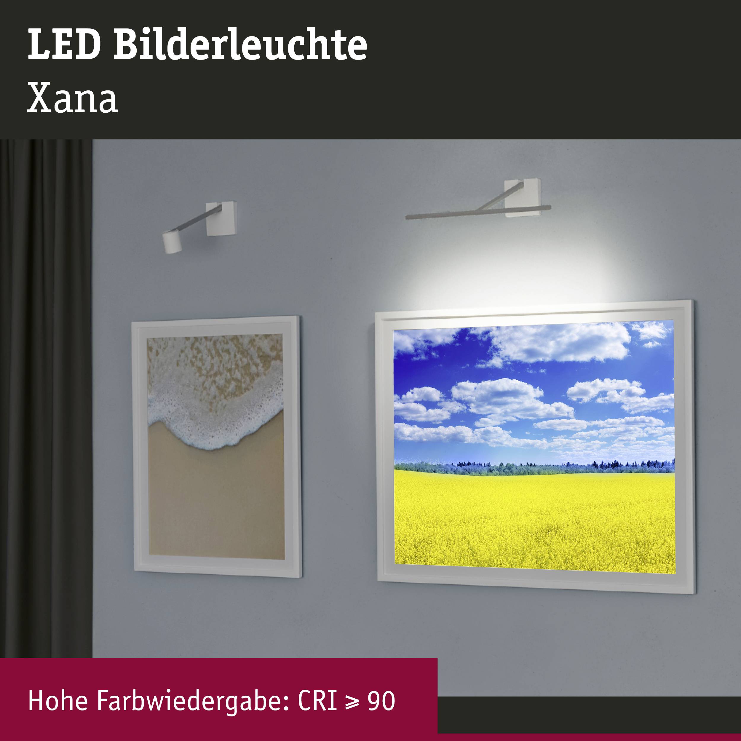 LED-Bilderleuchten von Xana; zeigen hohen Farbwiedergabeindex (CRI ≥ 90). Wand mit leuchtendem Bild eines gelben Feldes unter blauem Himmel.