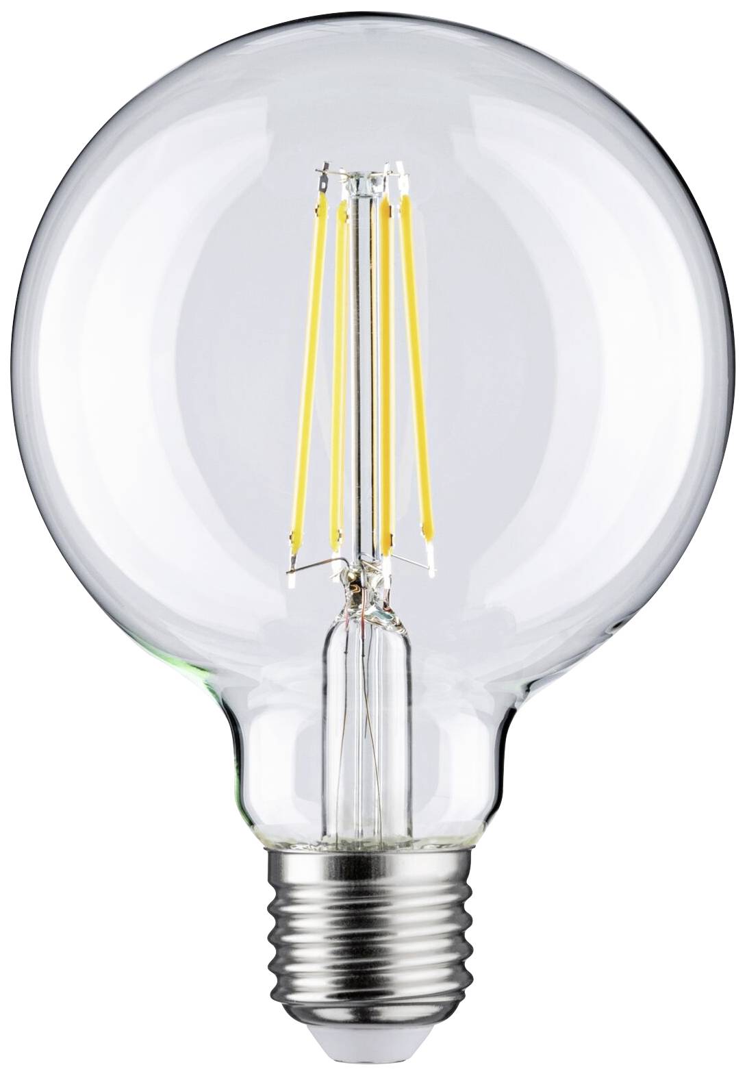 Glühbirne mit Filamenten, die leuchten. Symbolisiert Energie und Ideen. Klarer Glasballon mit sichtbarem Schraubsockel.