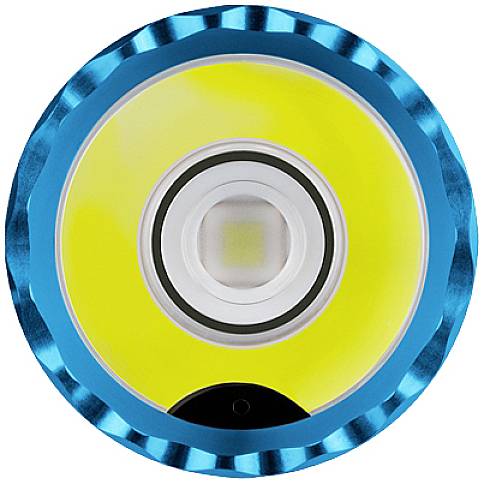 Ein leuchtend gelbes Objekt mit einem blau umrandeten Kreis, das einem Gesicht ähnelt. Die Form erinnert an ein helles Licht oder einen Knopf.