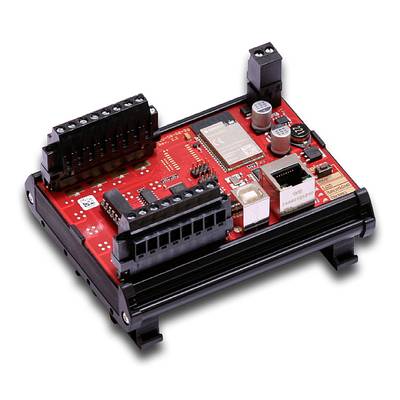 'Rote elektronische Steuerplatine auf schwarzem Halterahmen mit verschiedenen Anschlussklemmen und Kondensatoren. Zentraler Chip sichtbar.'
