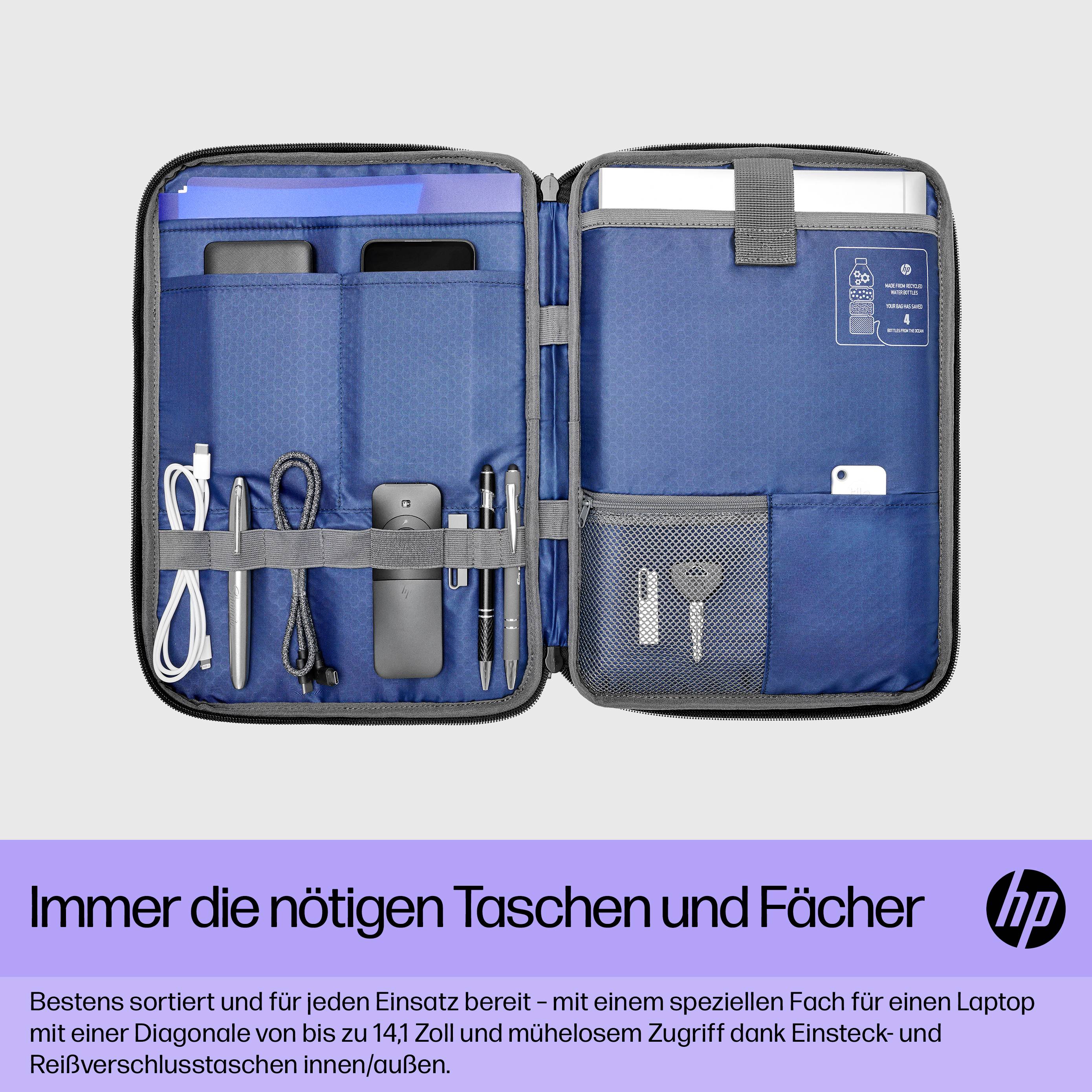 Eine offene Laptop-Tasche zeigt organisierte Fächer mit verschiedenen Kabeln, Stiften, einem Taschenrechner und einem Handy.