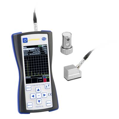 Tragbarer PCE-Durchflussdetektor mit Touchscreen-Display, dargestellt mit zwei Sensorsonden auf weißem Hintergrund.