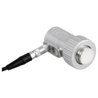 Nahaufnahme einer metallischen medizinischen Sensorsonde mit schwarzem Kabel und strukturiertem silbernem Körper auf weißem Hintergrund.