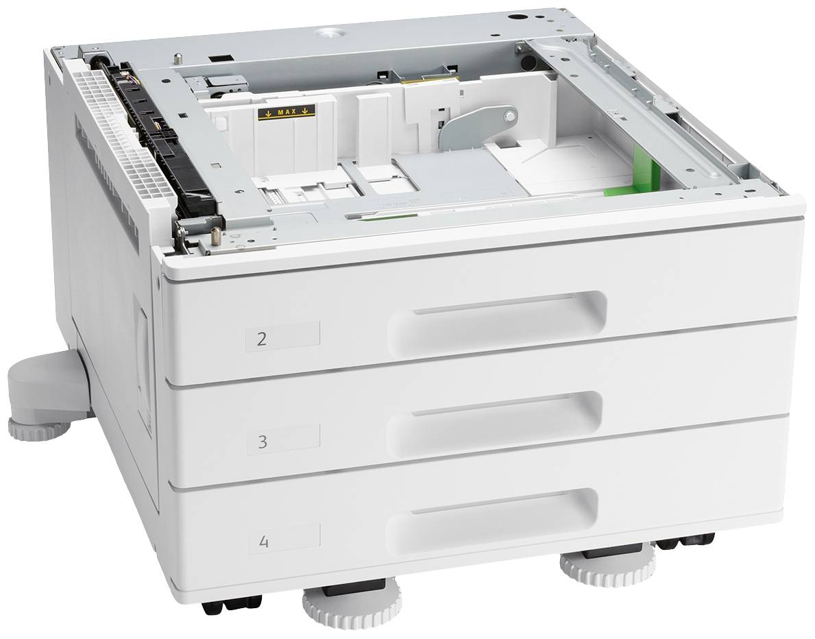 Ein weißer Drucker mit drei Papierfächern, nummeriert von 2 bis 4, auf vier runden Standfüßen.