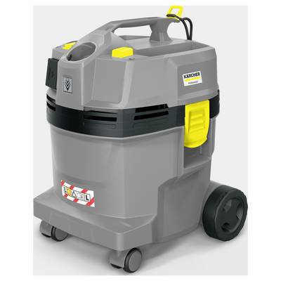 Ein Kärcher Industriestaubsauger mit grau-gelber Designoptik, großen Rädern und einem stabilen Griff, geeignet für Reinigungen unter Extrembedingungen.