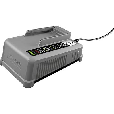 Akkuladegerät in grauer Farbe mit Kabel. Es zeigt LED-Anzeigen für Batteriestatus mit Symbolen für Ladezustand und Pflege.