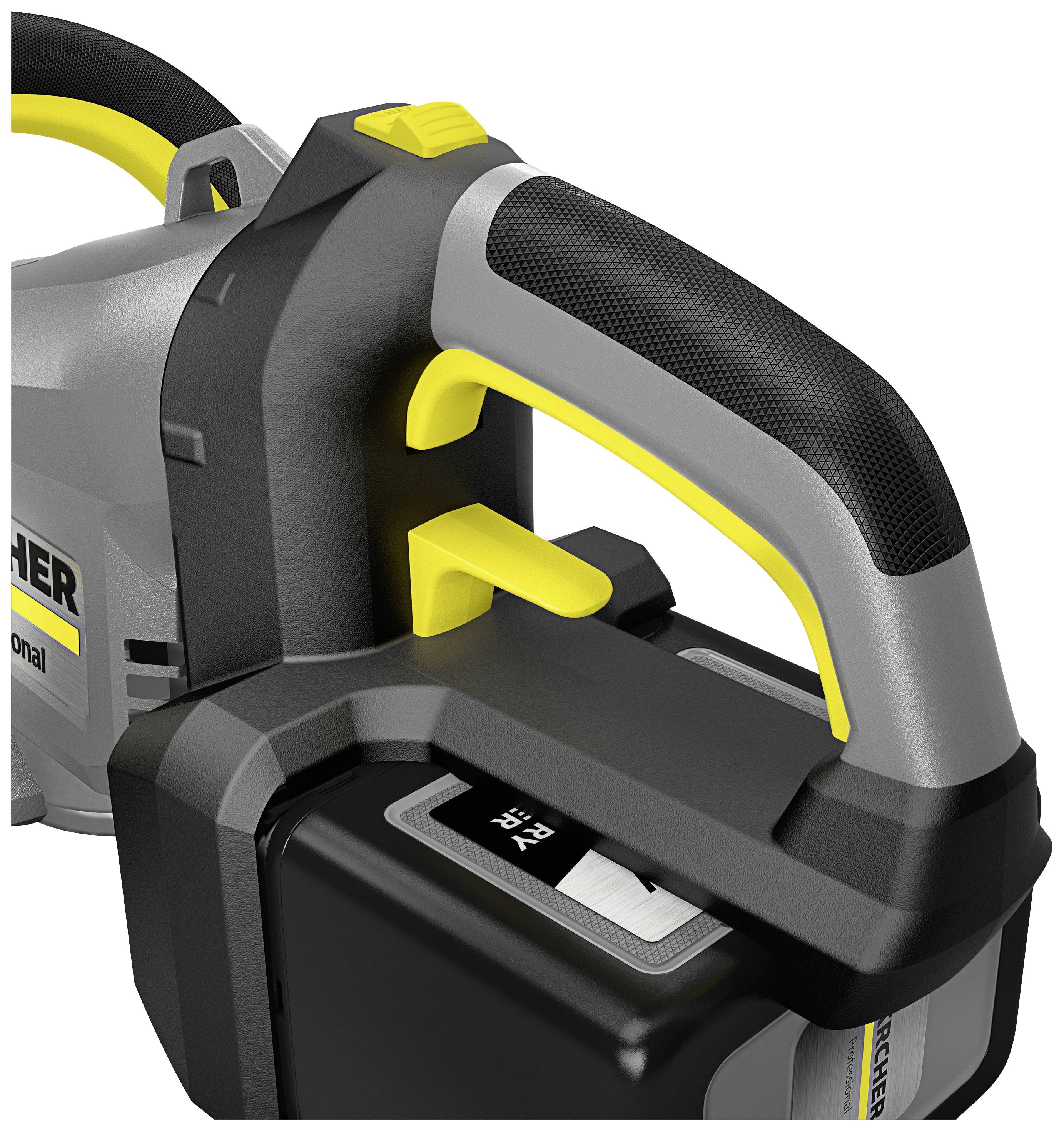 Ein Akkugerät mit ergonomischem Griff und gelben Bedienelementen; das Label '18 V' auf der Batterie ist sichtbar.