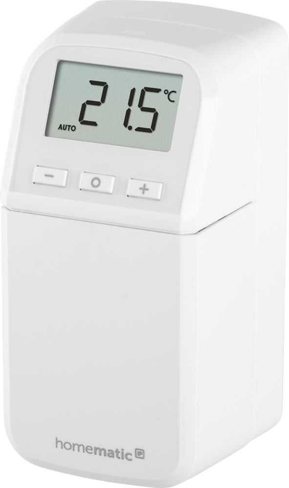 Ein weißes digitales Thermostat zeigt 21,5 °C an. Es gibt drei Tasten darunter: einen Minus-, einen Kreis- und einen Plus-Button.