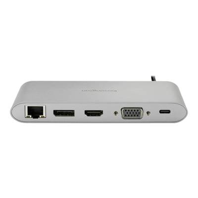 Silbernes Adaptergerät mit Anschlüssen: LAN, 2x HDMI, VGA und USB-C. Geeignet für Laptop- oder PC-Verbindungen.