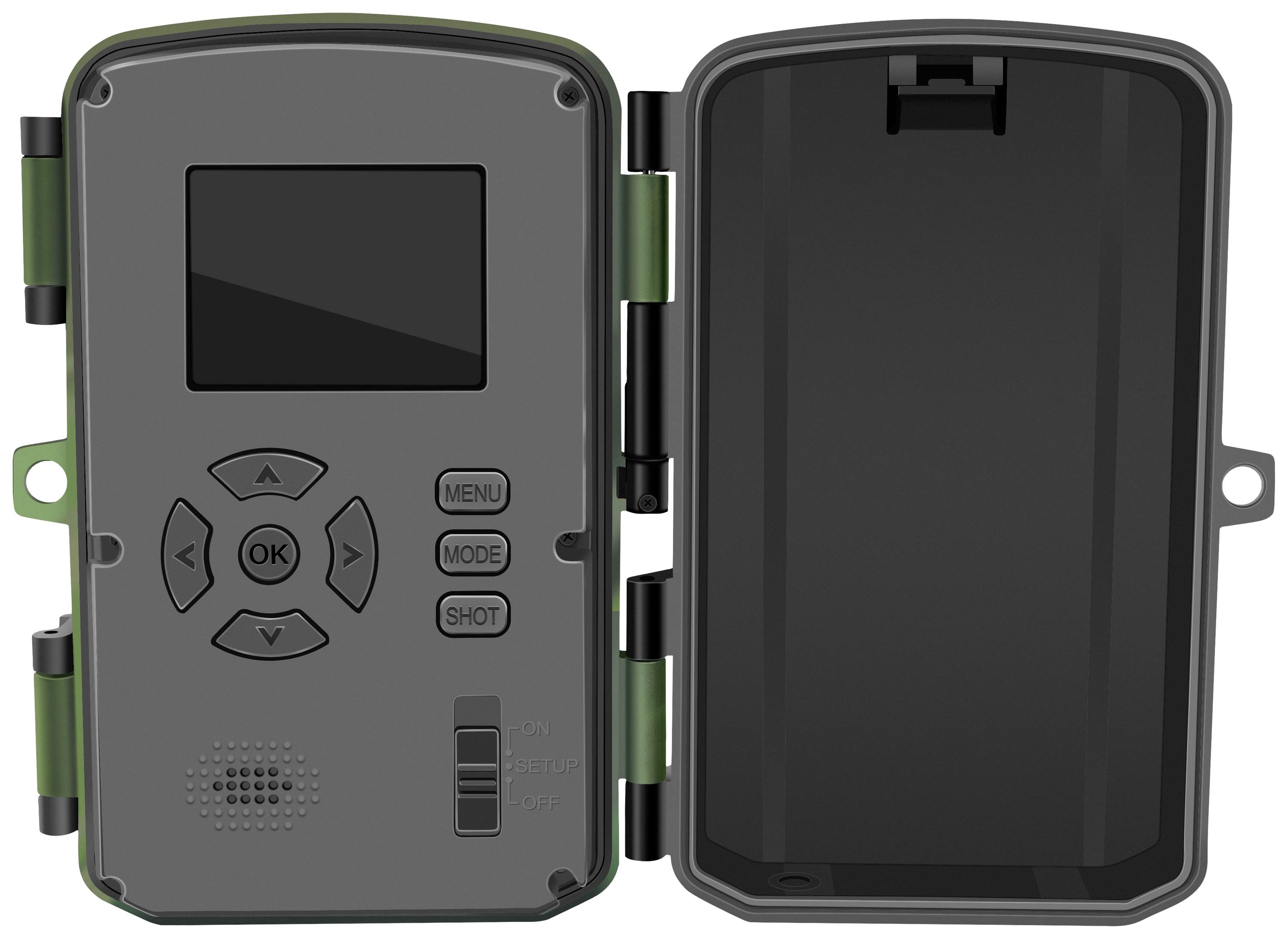 Geöffnete Wildkamera mit Display und Bedientasten links, leeres Batteriefach rechts.