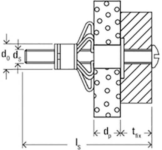 Technische Zeichnung eines Dichtungsmechanismus, zeigt Maße wie 'd0', 'ds', 'dp', 'tfix' und 'ls'. Hauptkomponenten durch Querschnitt dargestellt.