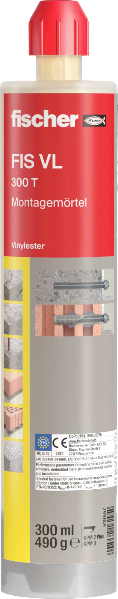 Rote und graue Kartusche 'fischer FIS VL 300 T' für Montagemörtel, 300 ml Inhalt, zeigt Anwendungsbeispiele für Befestigungen an Ziegeln.