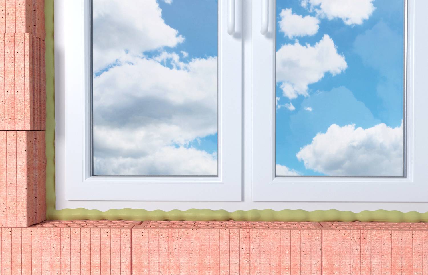 Blick aus einem Fenster auf einen blauen Himmel mit weißen Wolken. Der Fensterrahmen ist weiß, und die Ziegelwand ist rot.