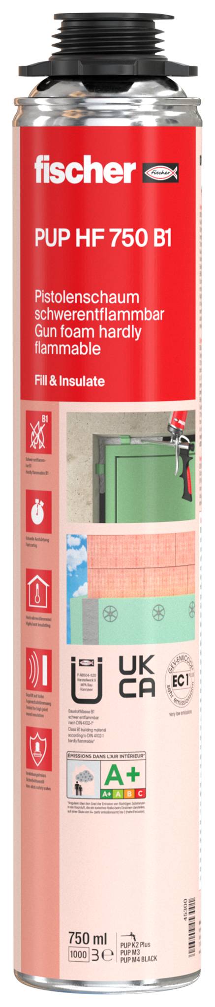 Eine rote und silberne Fischer PU-Schaumsprühdose mit der Bezeichnung „PUP HF 750 B1", 750 ml, mit Produktsymbolen und Isolierungsanwendungsbild.