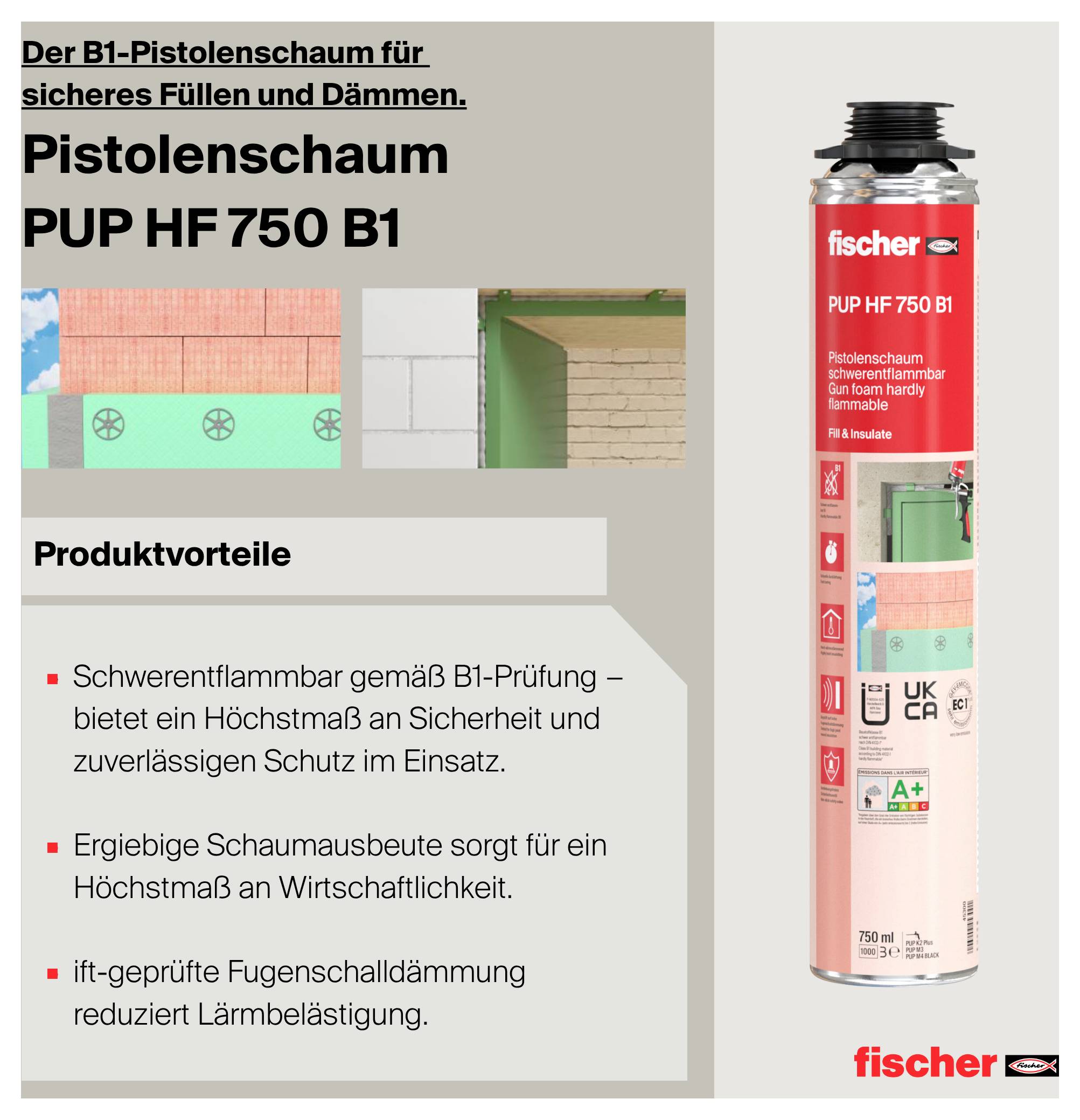 Werbegrafik für Montageschaum 'Pistolschaum PUP HF 750 B1' von fischer; zeigt eine Dose und Produktvorteile: B1-schwer entflammbar, hohe Schaumausbeute, schalldämmend.
