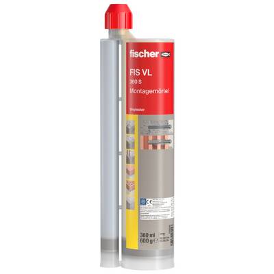 Eine Fischer FIS VL 360 S Injektionsmörtelpatrone mit rotem Etikett und grauem Applikatorrohr, die ein chemisches Ankerklebstoffprodukt zeigt.