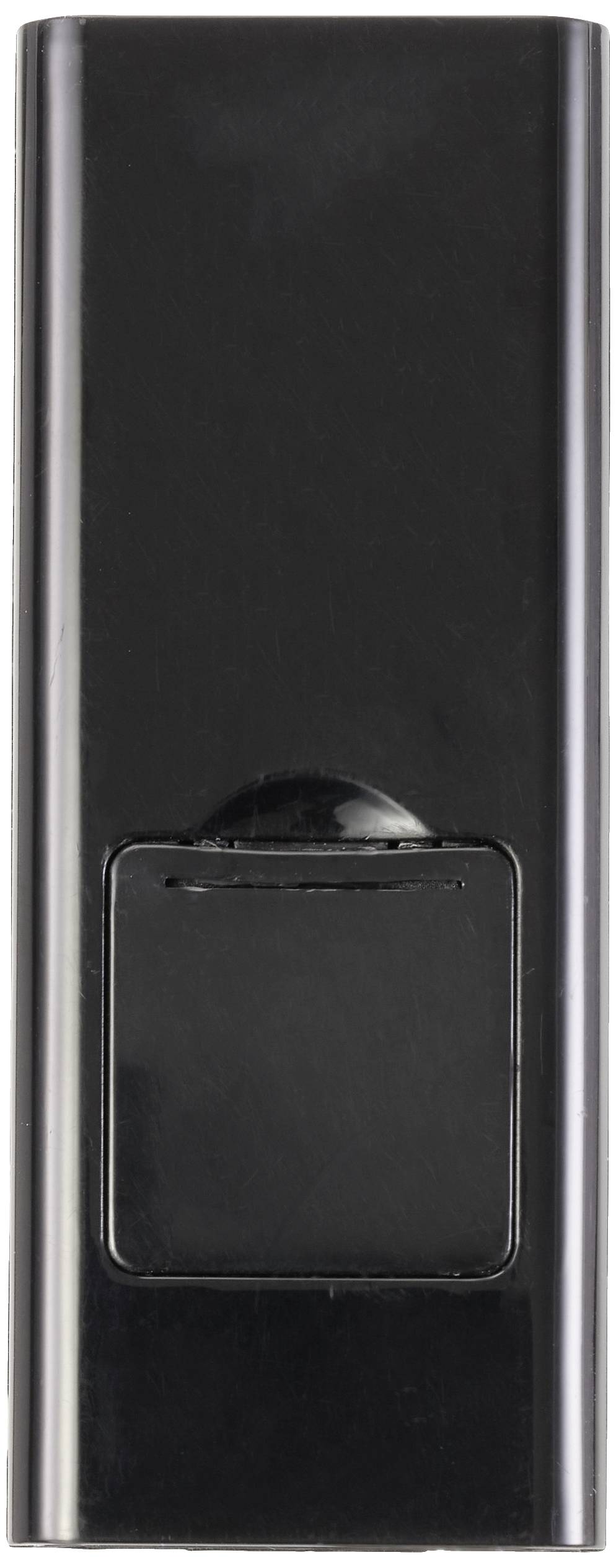 Schwarze Fernbedienung mit Batteriefachklappe unten.