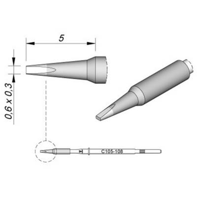 Lötkolben-Spitze: zylindrisch, 5 mm lang, Spitze 0,6 x 0,3 mm. Modell C105-108 markiert. Geeignet für präzise Lötarbeiten.