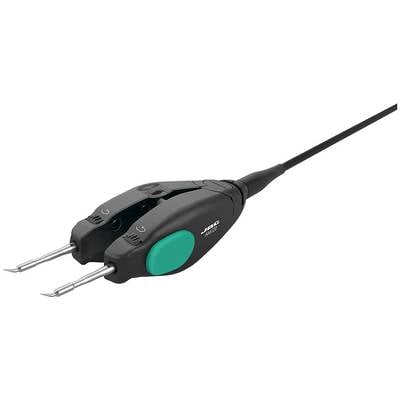 Elektronische Lötpinzette mit grünem Griff und zwei feinen Spitzen, ideal für präzise Lötarbeiten in der Elektronikmontage.