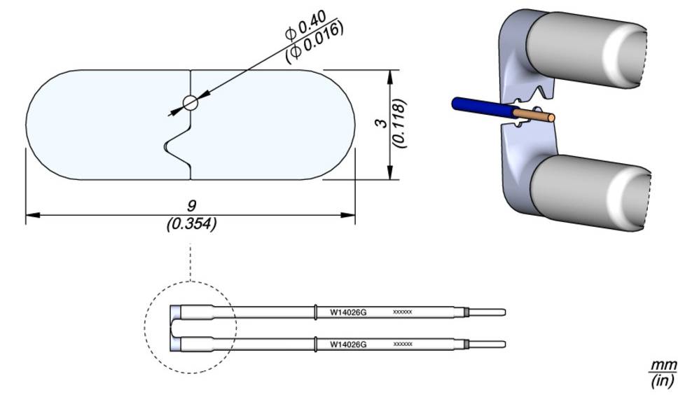 Diagramm zeigt eine elektrische Komponente mit Maßen in Millimetern und Zoll. Wichtige Maße: 9 mm Länge, 0,118 mm Höhe.