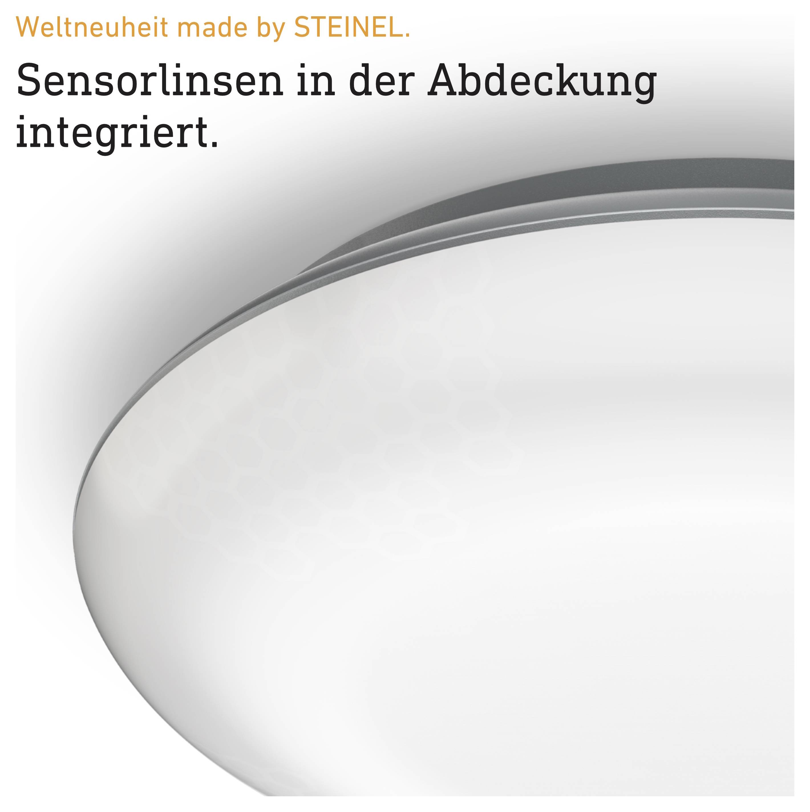 Werbetext zu STEINEL: 'Sensorlinsen in der Abdeckung integriert' über einer nahen Produktansicht mit großer weißer Abdeckung.<br>