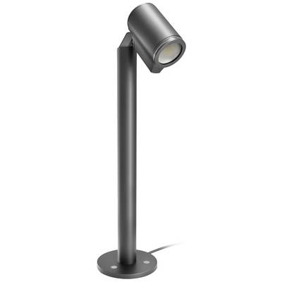 Schwarze, moderne Stehlampe mit zylindrischem Lampenschirm auf rundem Standfuß, mit Kabelanschluss an der Basis.