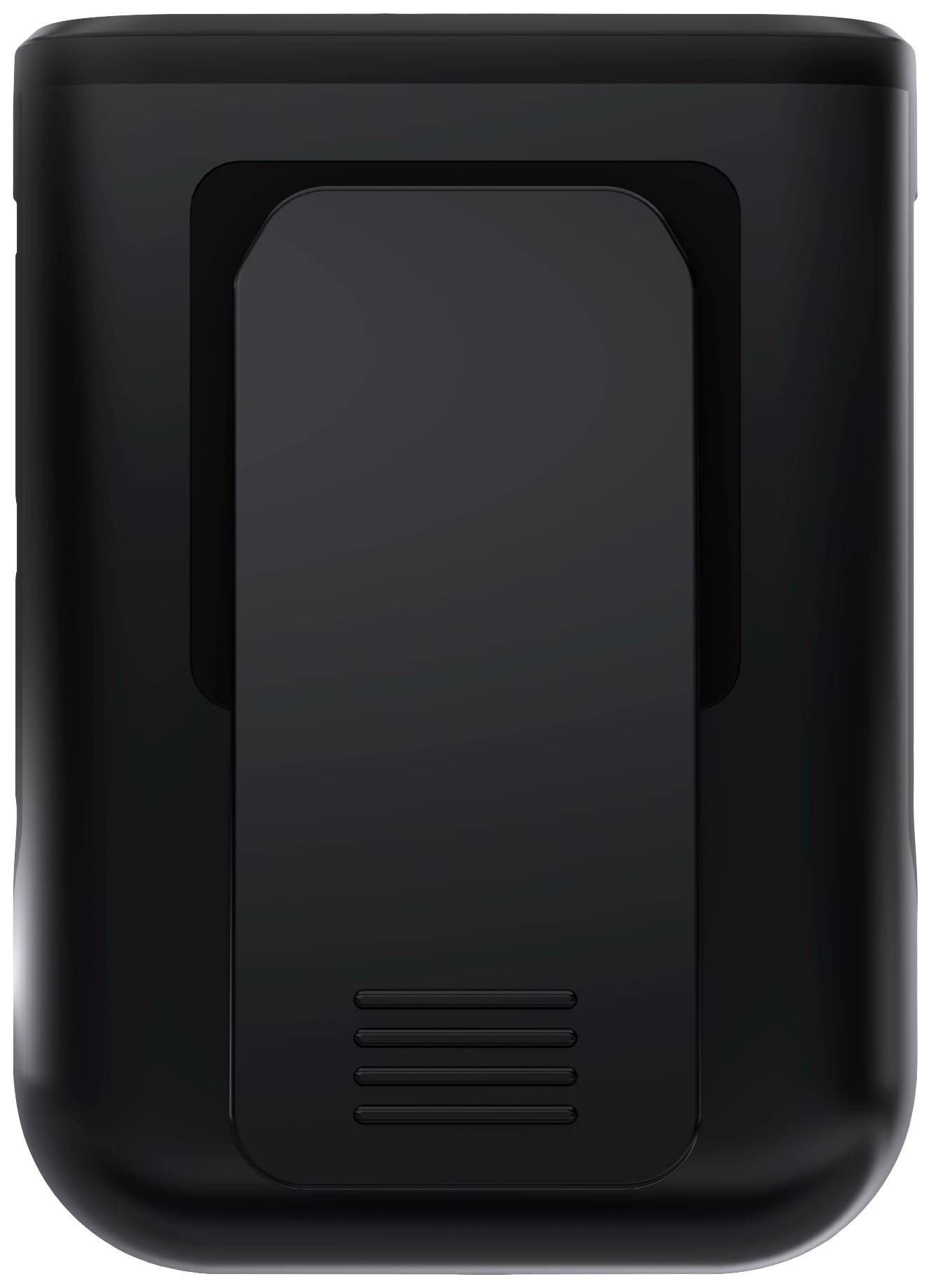 Schwarzes, rechteckiges Gerät mit abgerundeten Kanten, vertikaler Halterung und geriffeltem Bereich unten, von hinten betrachtet.