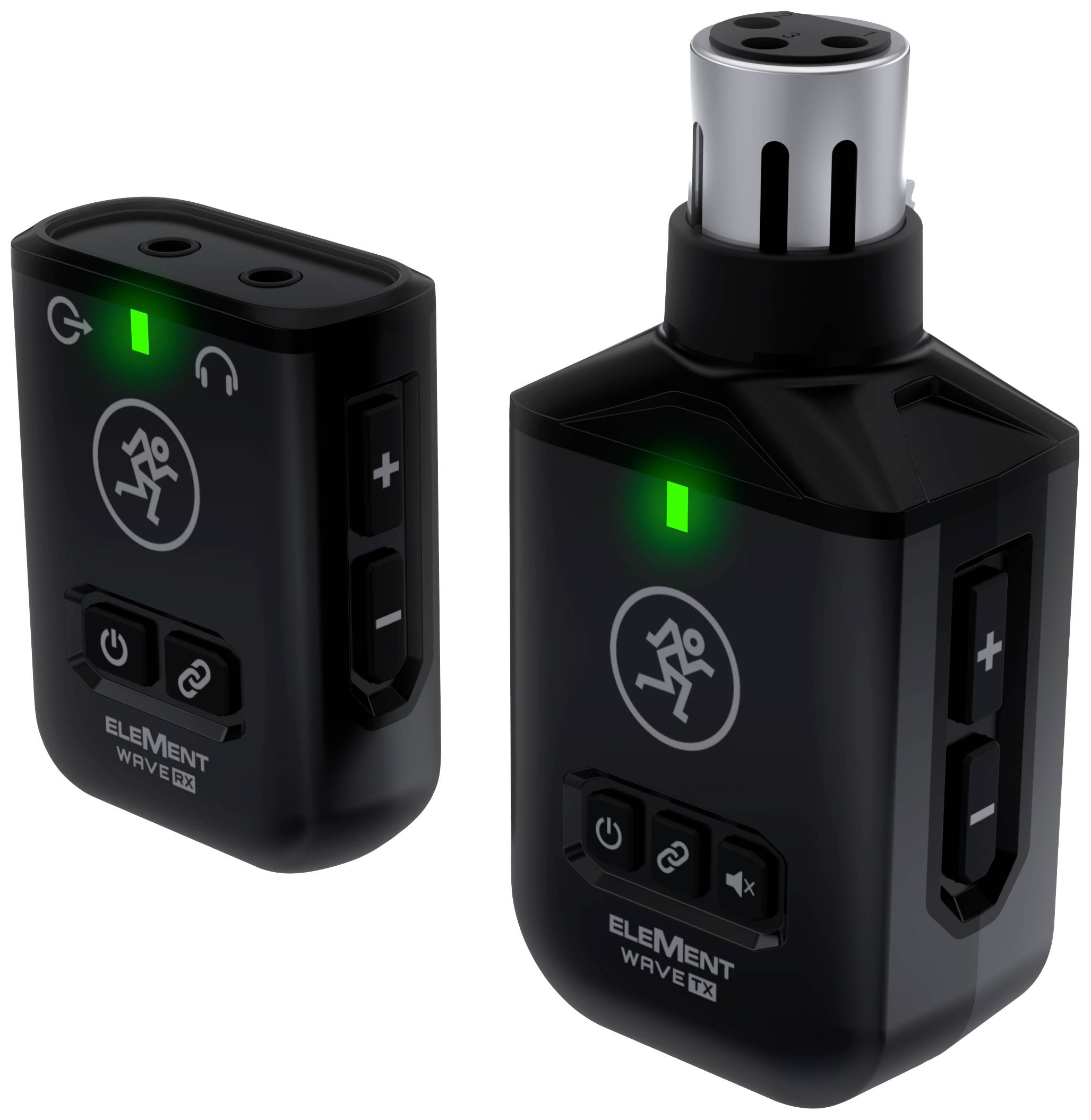 Zwei schwarze drahtlose Audiogeräte mit Symbolen und grün leuchtenden LEDs. Eines hat zwei Buchsen, das andere einen Mikrofonanschluss.