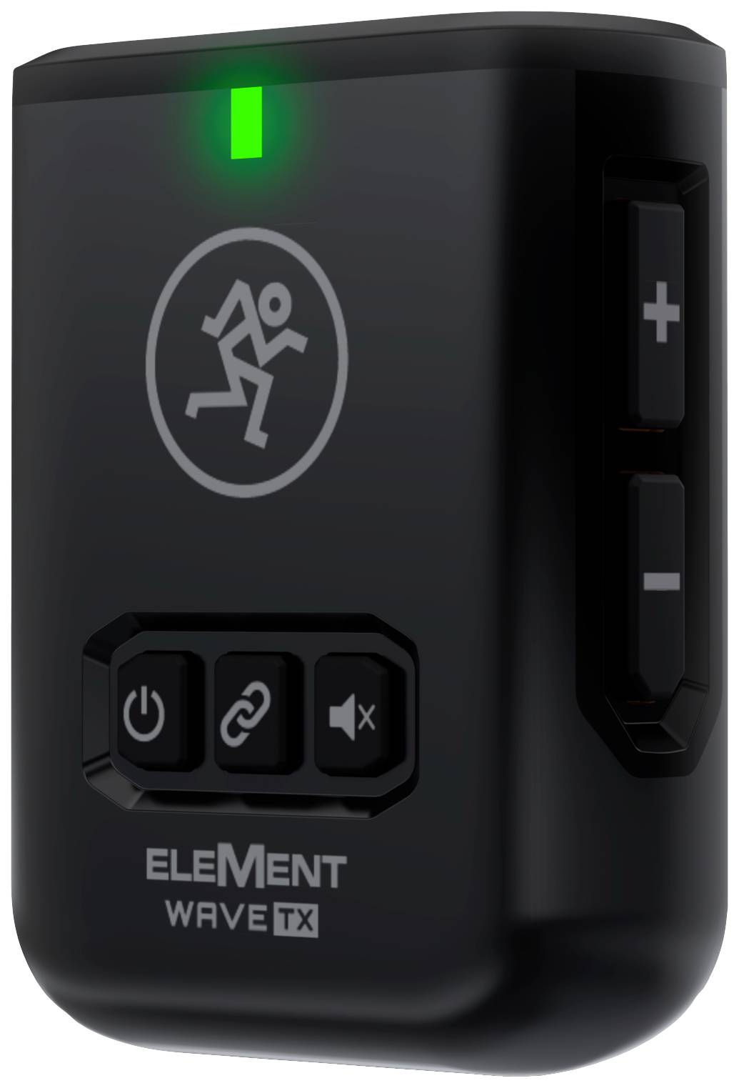 Ein schwarzer Funk-Transmitter mit grün leuchtendem Indikator, Symbol eines laufenden Menschen und Tasten für Ein/Aus, Stummschalten, Verbinden.