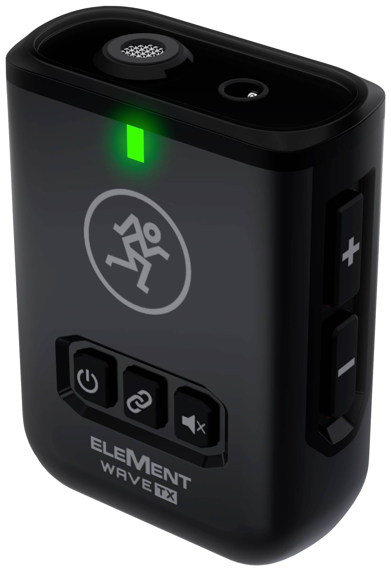 Ein kleines, schwarzes elektronisches Gerät mit Knöpfen für Lautstärkeregulierung, beleuchtetem Symbol, Mikrofon oben und Anschlussmöglichkeiten unten.