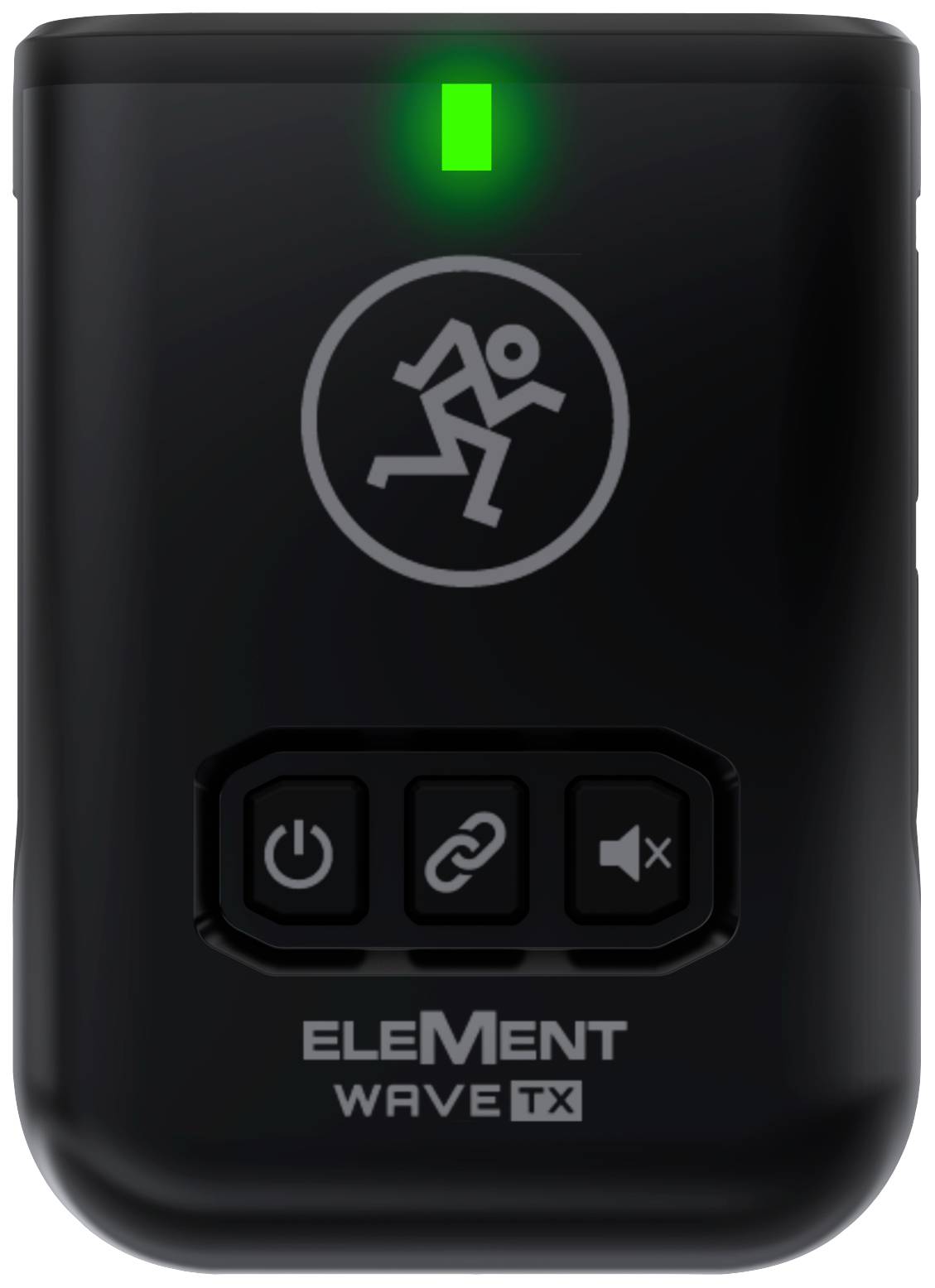 Schwarzes Gerät mit grünem Licht, drei Tasten und einem Symbol eines laufenden Menschen. Markiert mit 'ELEMENT WAVE TX'.