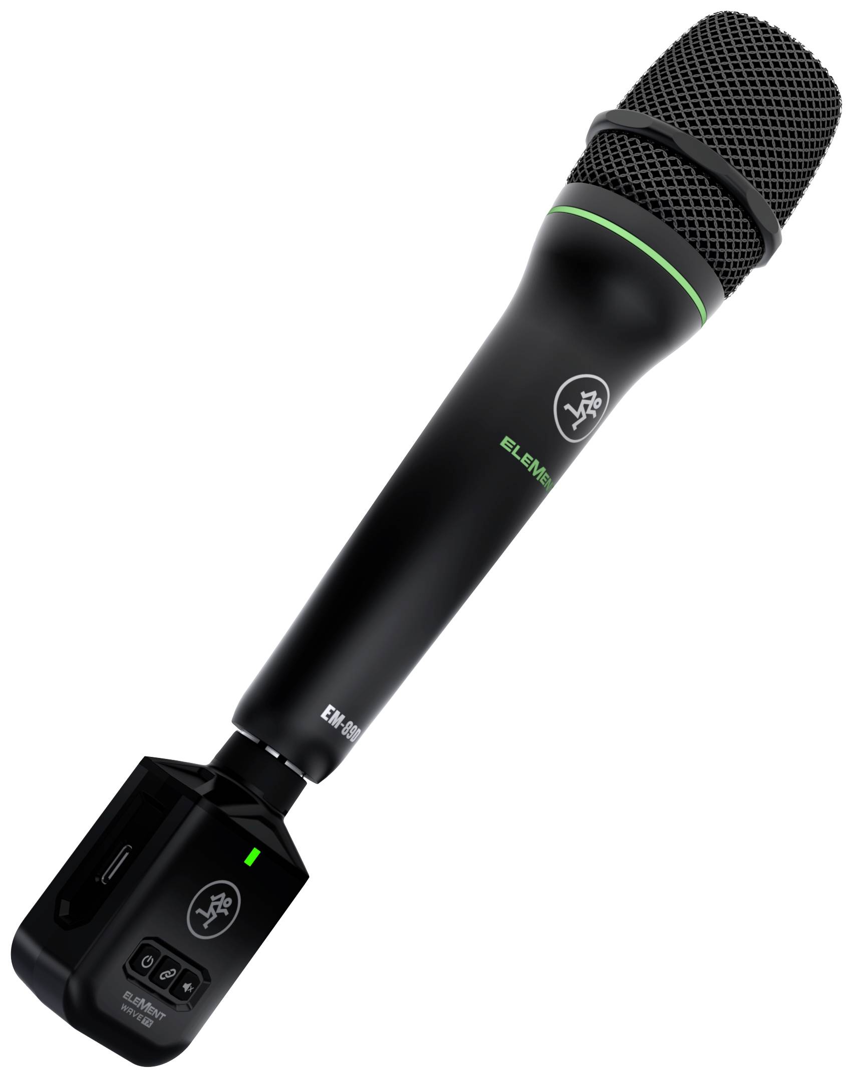 Ein schwarzes, kabelloses Mikrofon mit grünem Akzent, geeignet für Präsentationen oder Auftritte.