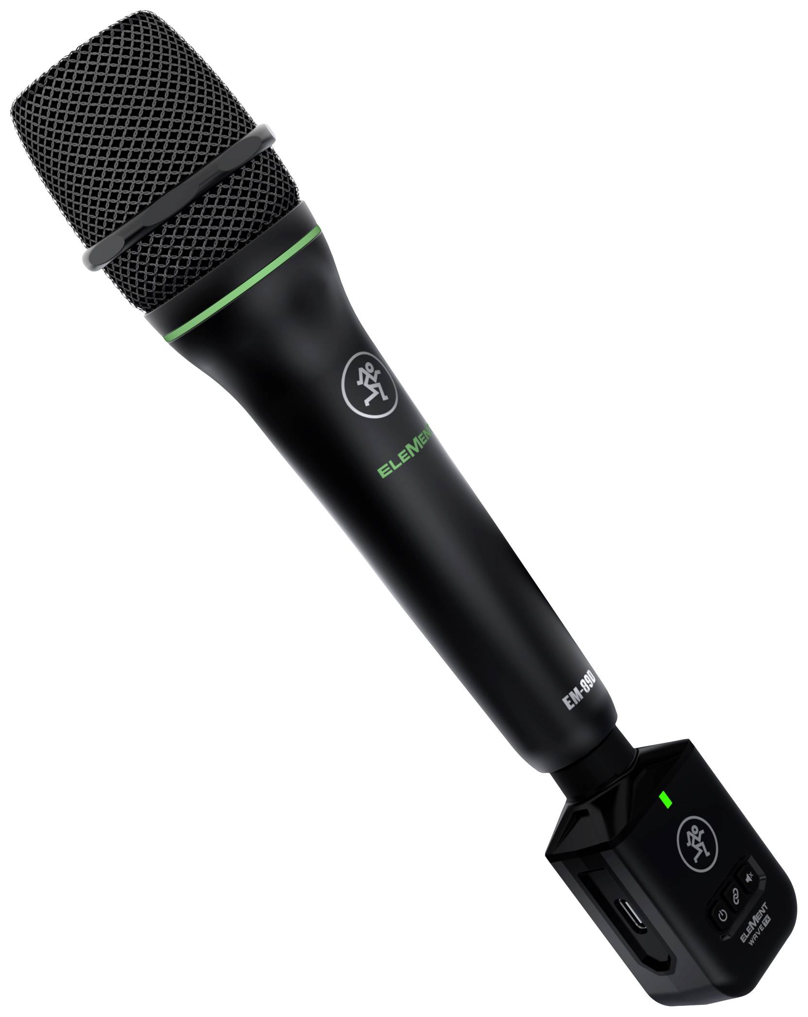 Ein schwarzes Mikrofon mit grünem Akzent und quadratischem Sockel, zeigt das Markenlogo und den Modellnamen auf der Seite.