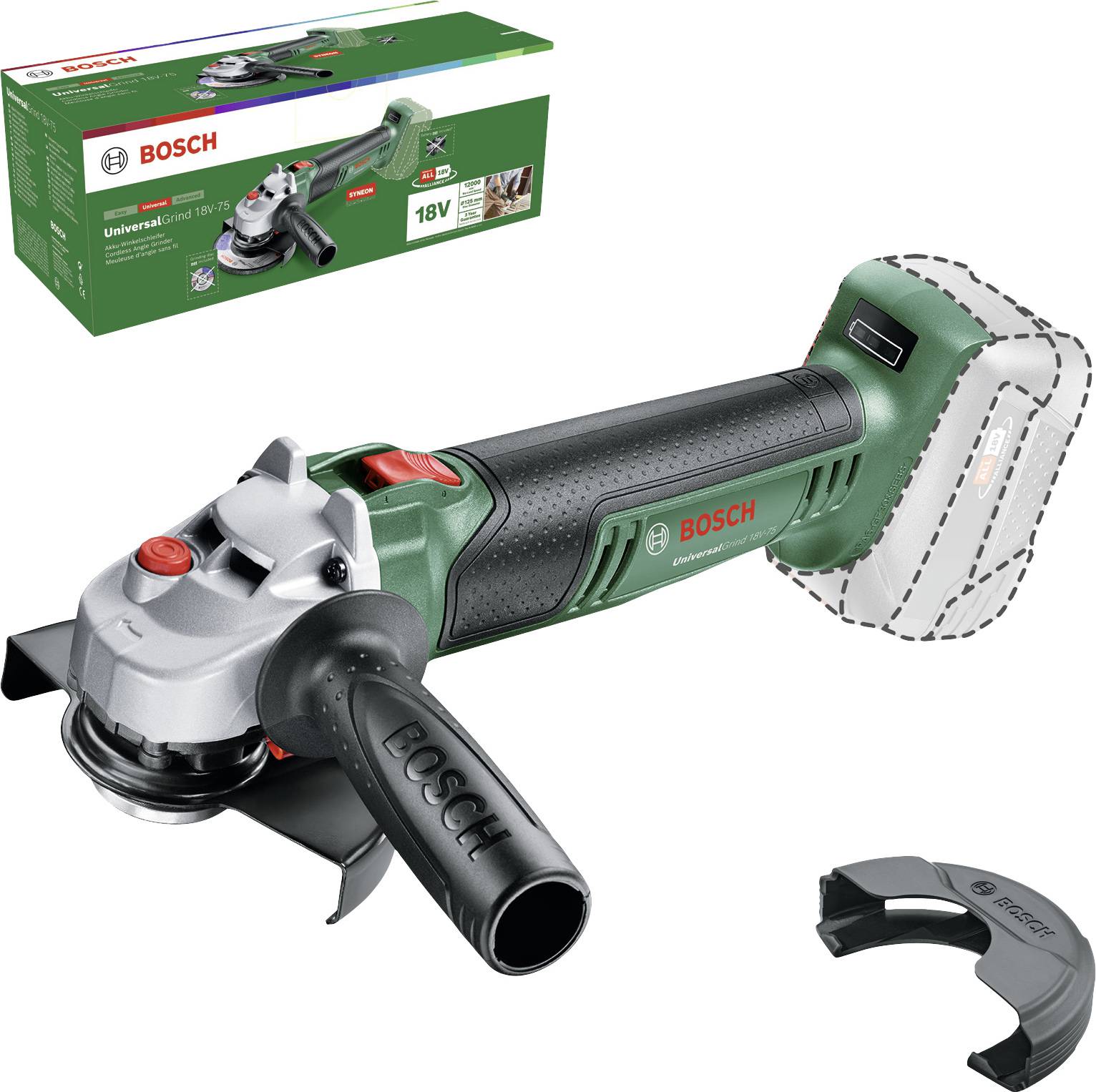 Akku-Winkelschleifer der Marke Bosch. Abgebildet ist das Gerät mit ergonomischem Griff und einer Schutzabdeckung. Verpackung im Hintergrund.