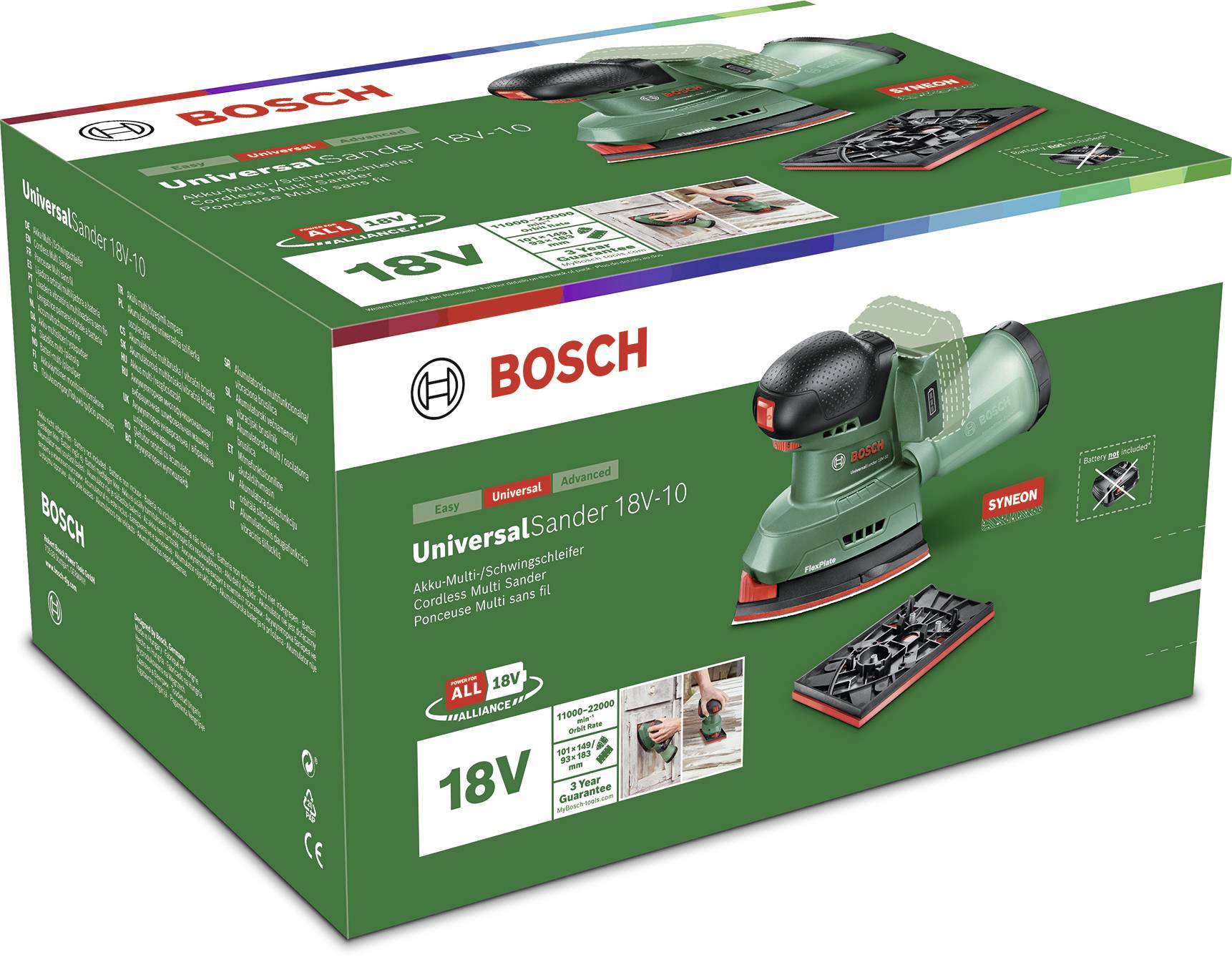 'Grüne Bosch Exzenterschleifer-Verpackung, Modell UniversalSander 18V-10, hervorgehobene Merkmale: kabellos, kompakte Größe.'