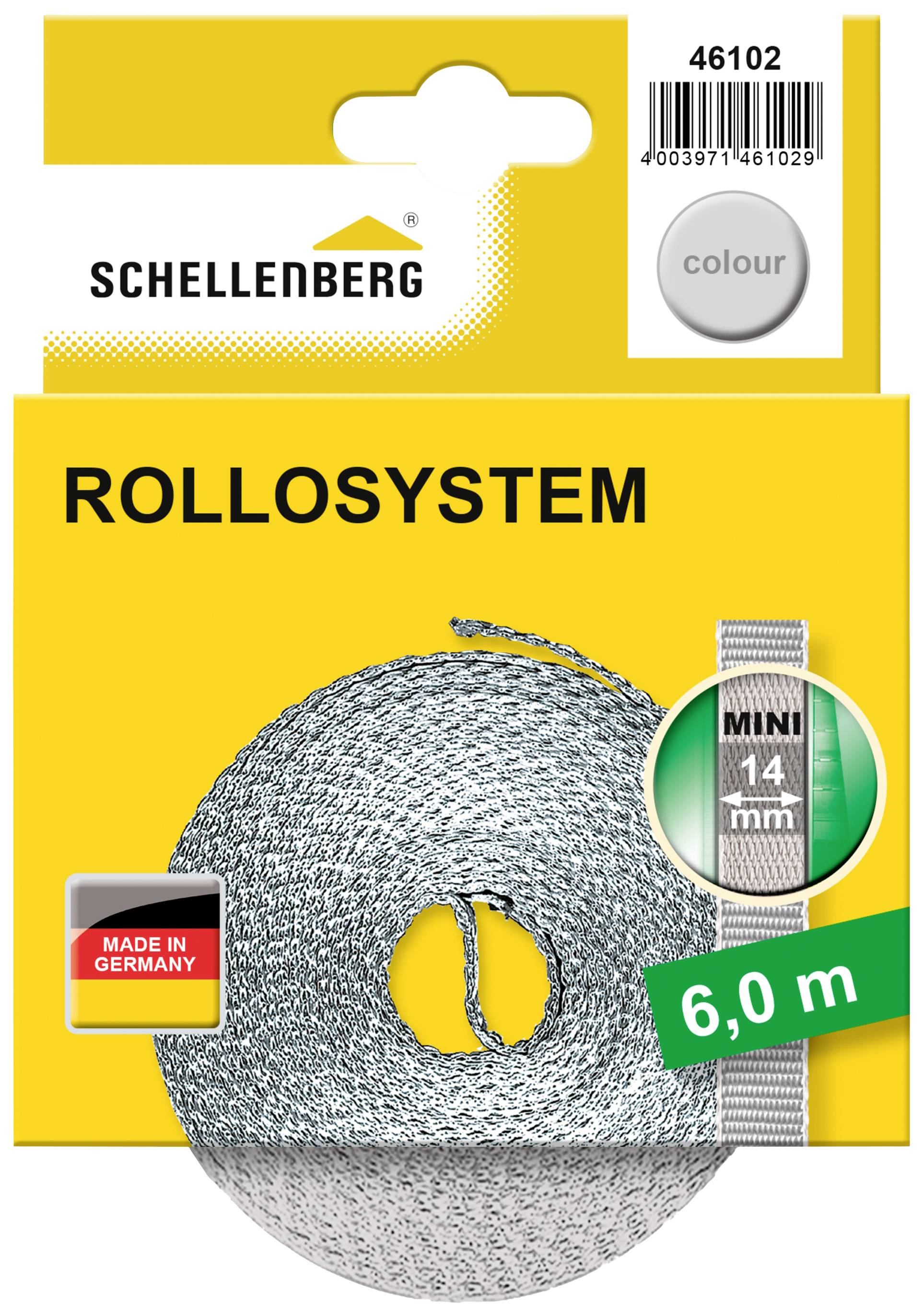 Verpackung eines Rollosystems von Schellenberg, 6,0 m, Mini 14 mm, hergestellt in Deutschland, mit Produktabbildung und Barcode.