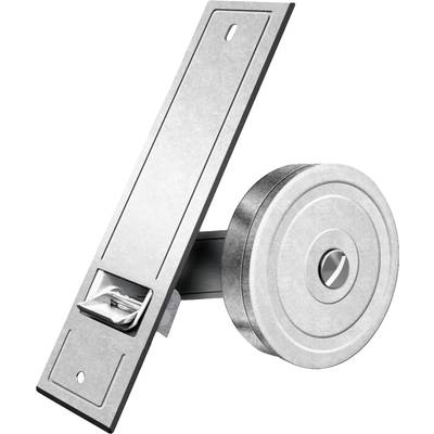 Ein silberner Magnetverschluss und eine metallene Gegenplatte. Hauptsächlich verwendet für das diskrete Schließen von Türen oder Schränken.