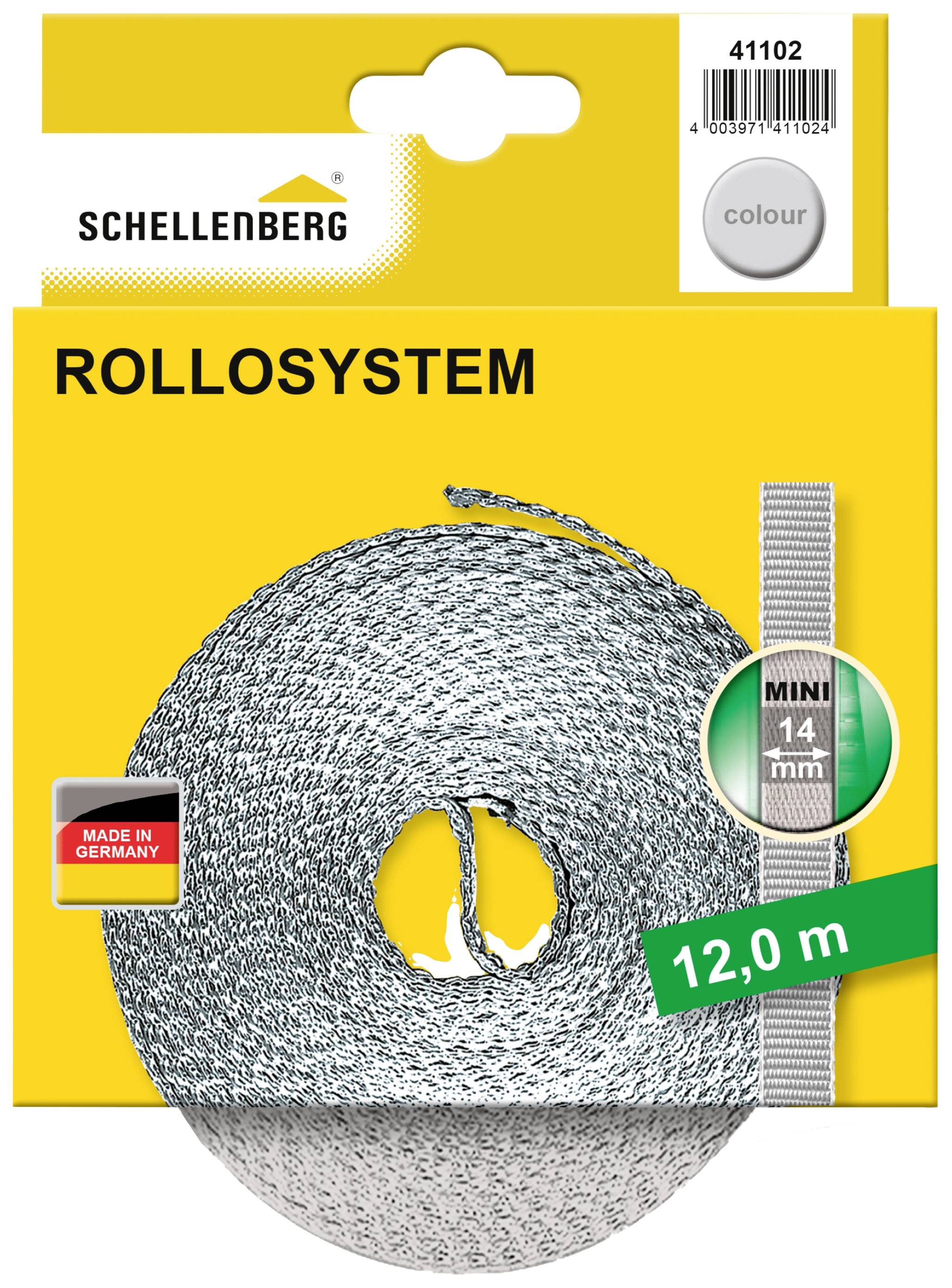 Verpackungssymbol für ein Rollosystem mit 12 m Bandlänge von Schellenberg; "Made in Germany", 14 mm Mini, gelber Hintergrund.