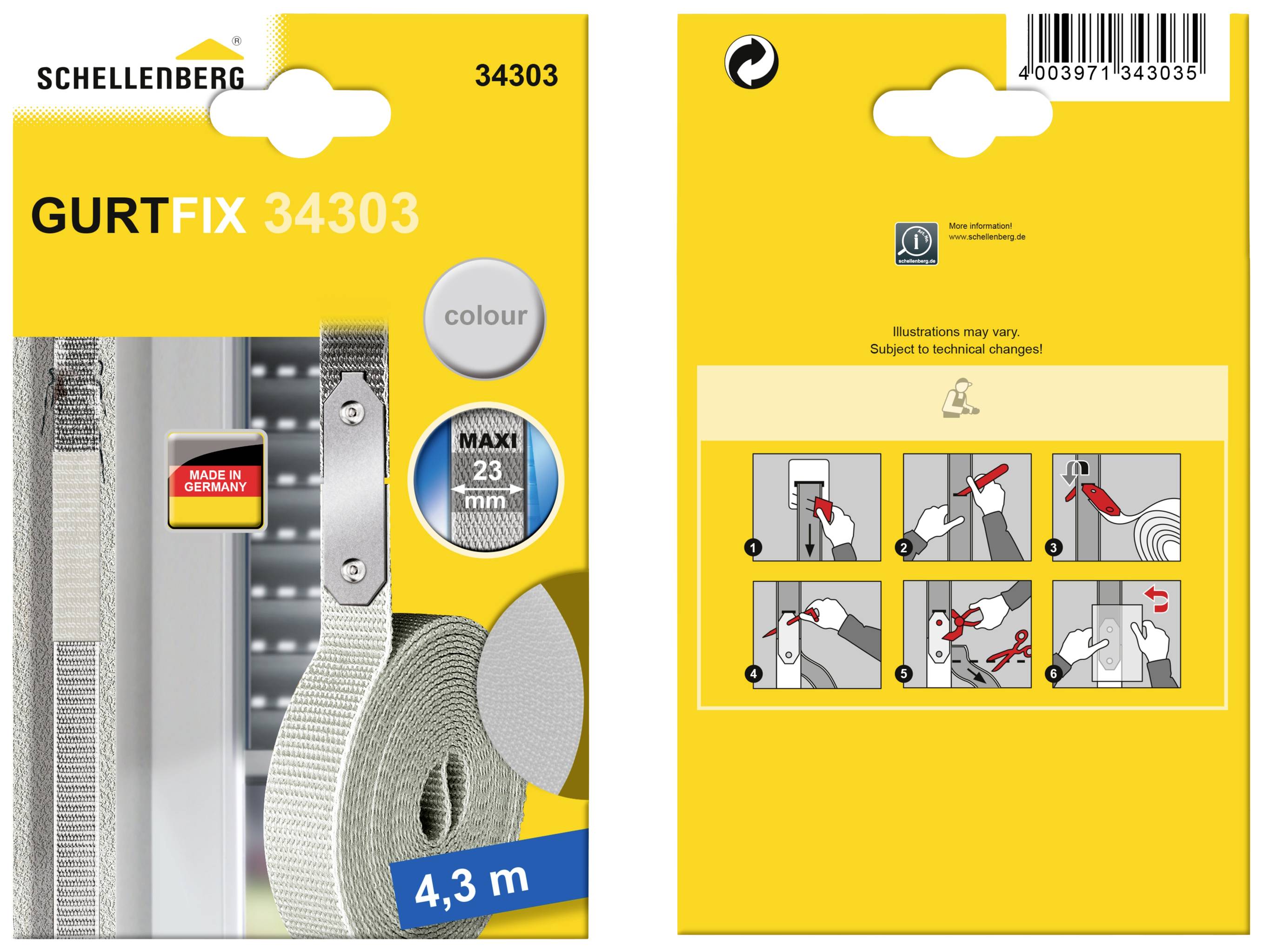 'GURTFIX 34303' Verpackung von Schellenberg. Enthält Band, Details zur Montage und 'Made in Germany' Hinweis. 4,3 m Länge.