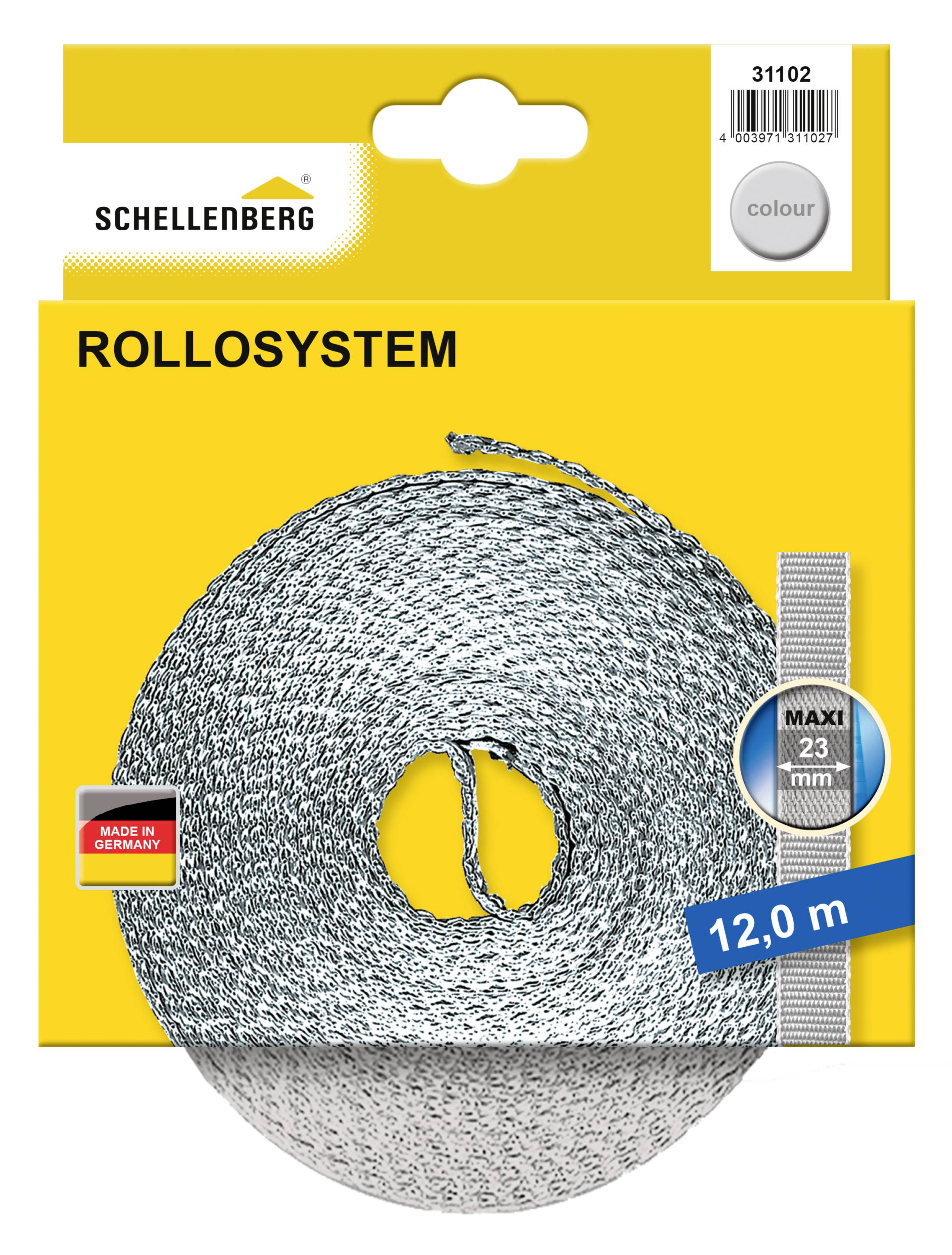 Eine Rolle silbernes Gurtband für ein Rollo-System, 23 mm breit und 12 m lang, mit gelber Verpackung und 'Made in Germany'-Markierung.