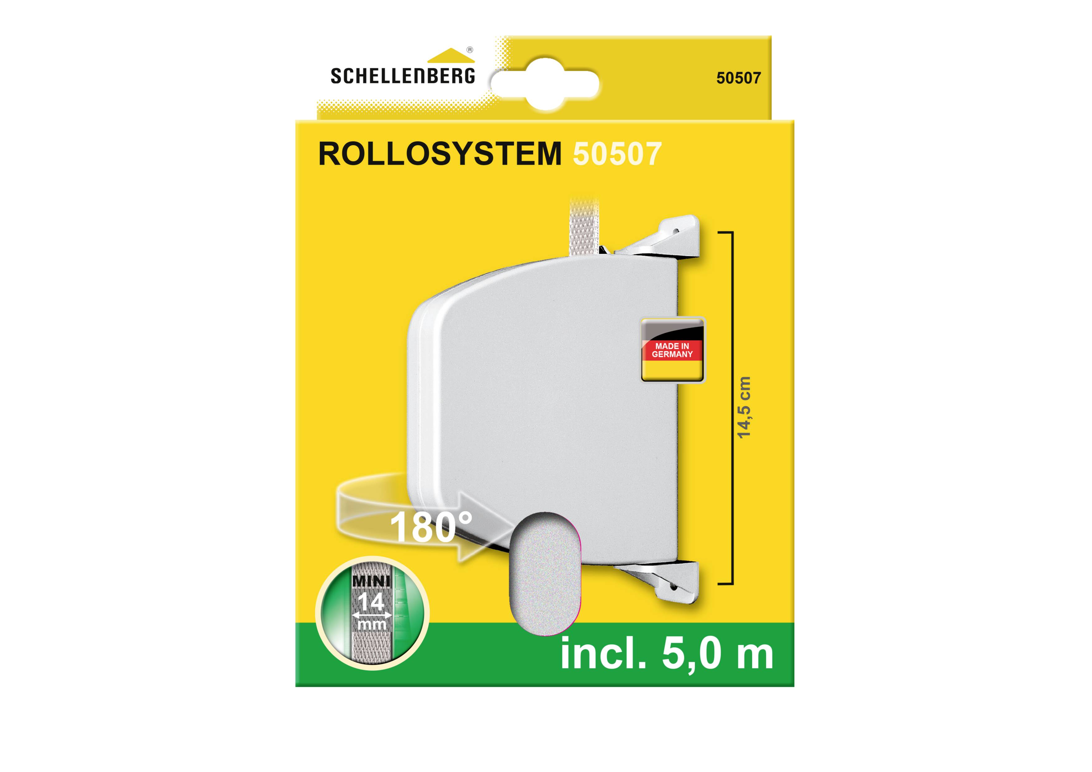 Schellenberg Rollosystem-Verpackung mit 5 m Band, Rollokasten in Weiß, 180 Grad drehbar, geeignet für 14 mm Gurtbreite.