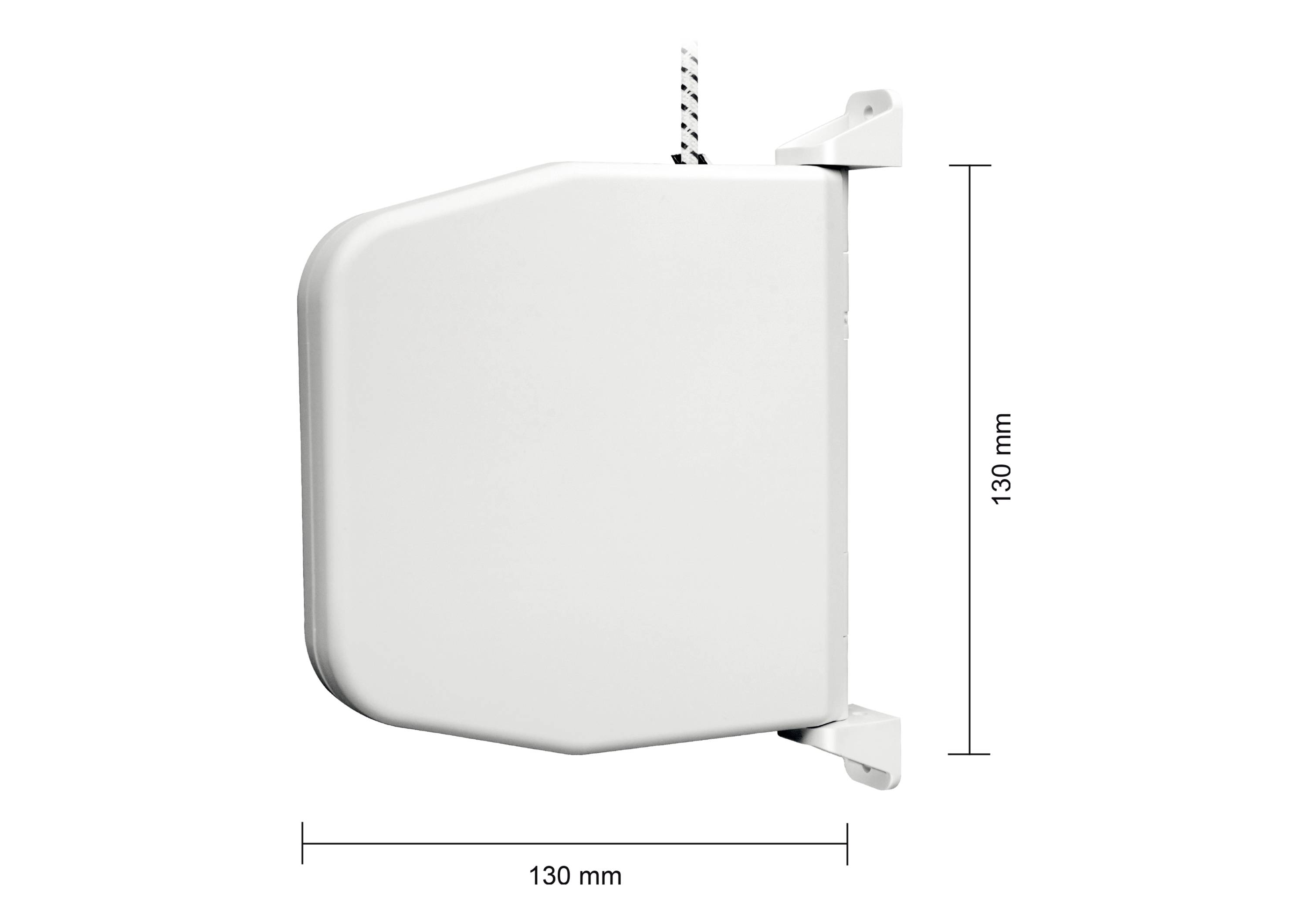 Das Bild zeigt einen weißen, quadratischen Gegenstand mit Maßen von 130 mm x 130 mm, sowie einem hervorgehobenen Kabel an der Oberseite.