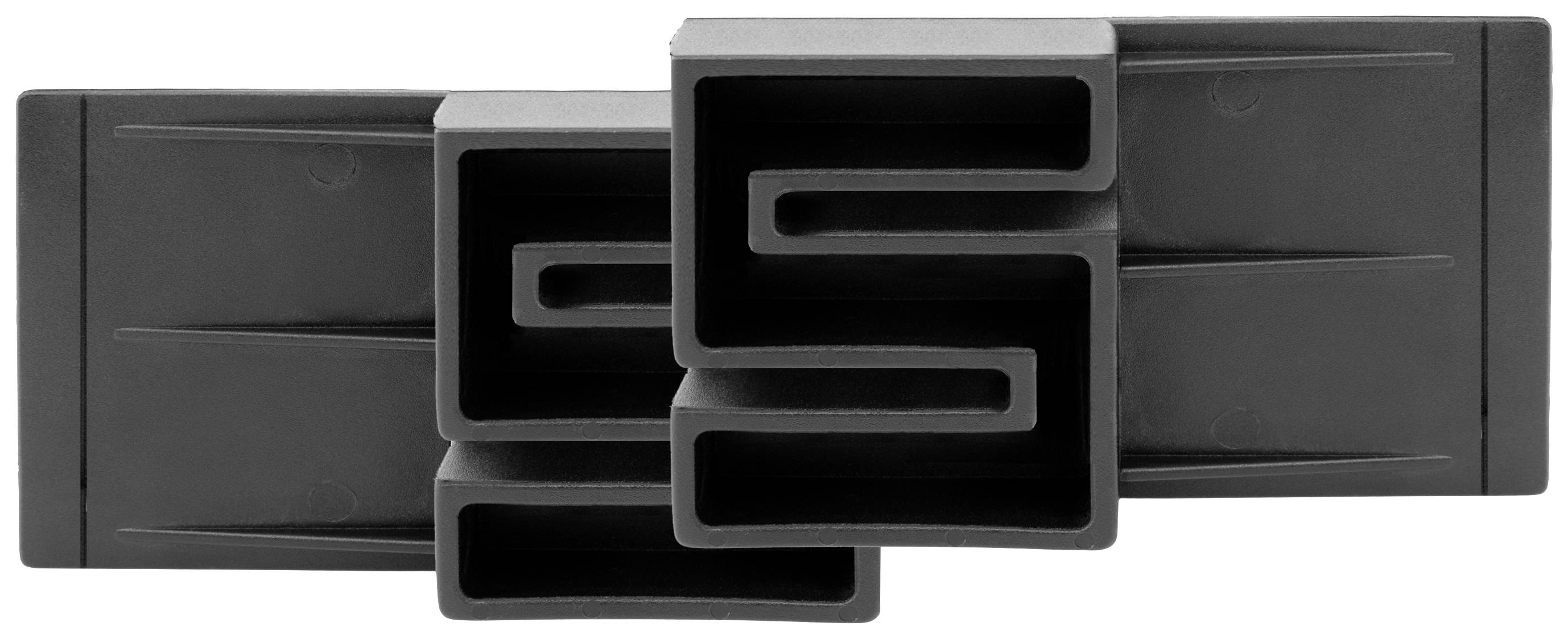 Ein modernes, schwarzes Wanddekor mit ineinandergreifenden rechteckigen Formen.