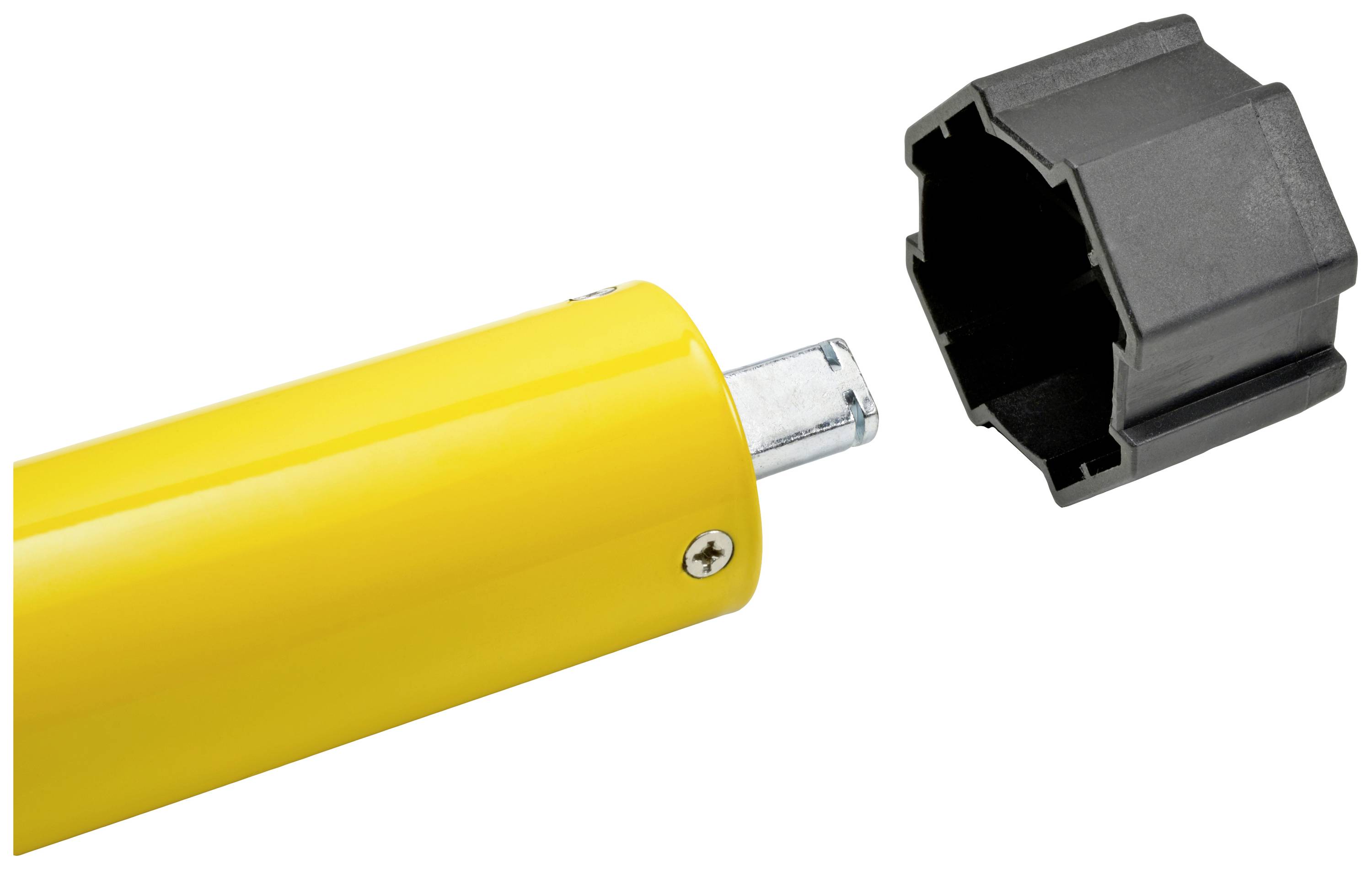 Gelber Rohrmotor mit herausragender Welle, daneben eine schwarze Kunststoffkupplung, die zum Anschluss dient.