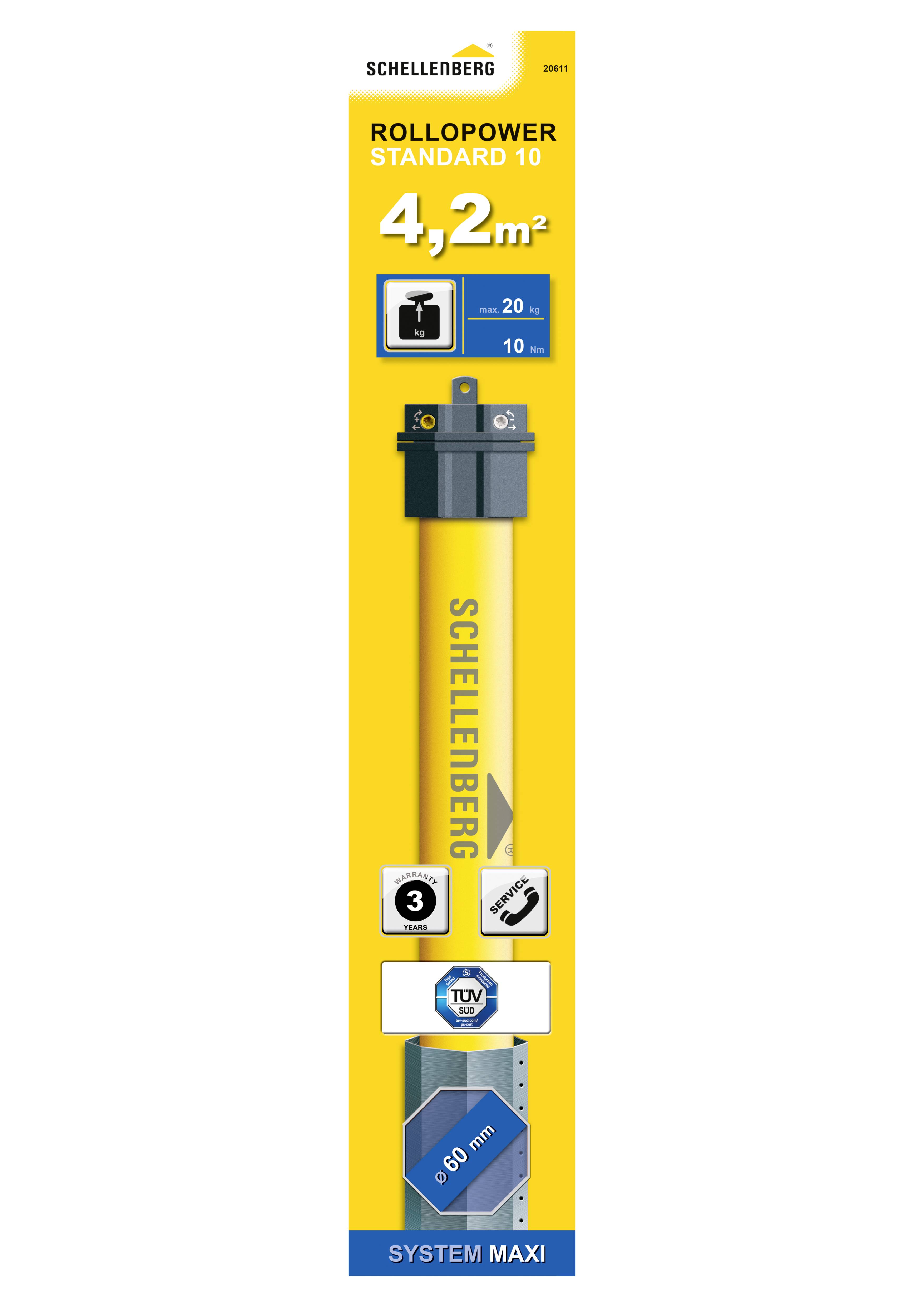 Verpackung einer elektrischen Rollladenmotor, Marke Schellenberg, Modell Rollopower Standard 10, für 4,2 m². TÜV-geprüft.