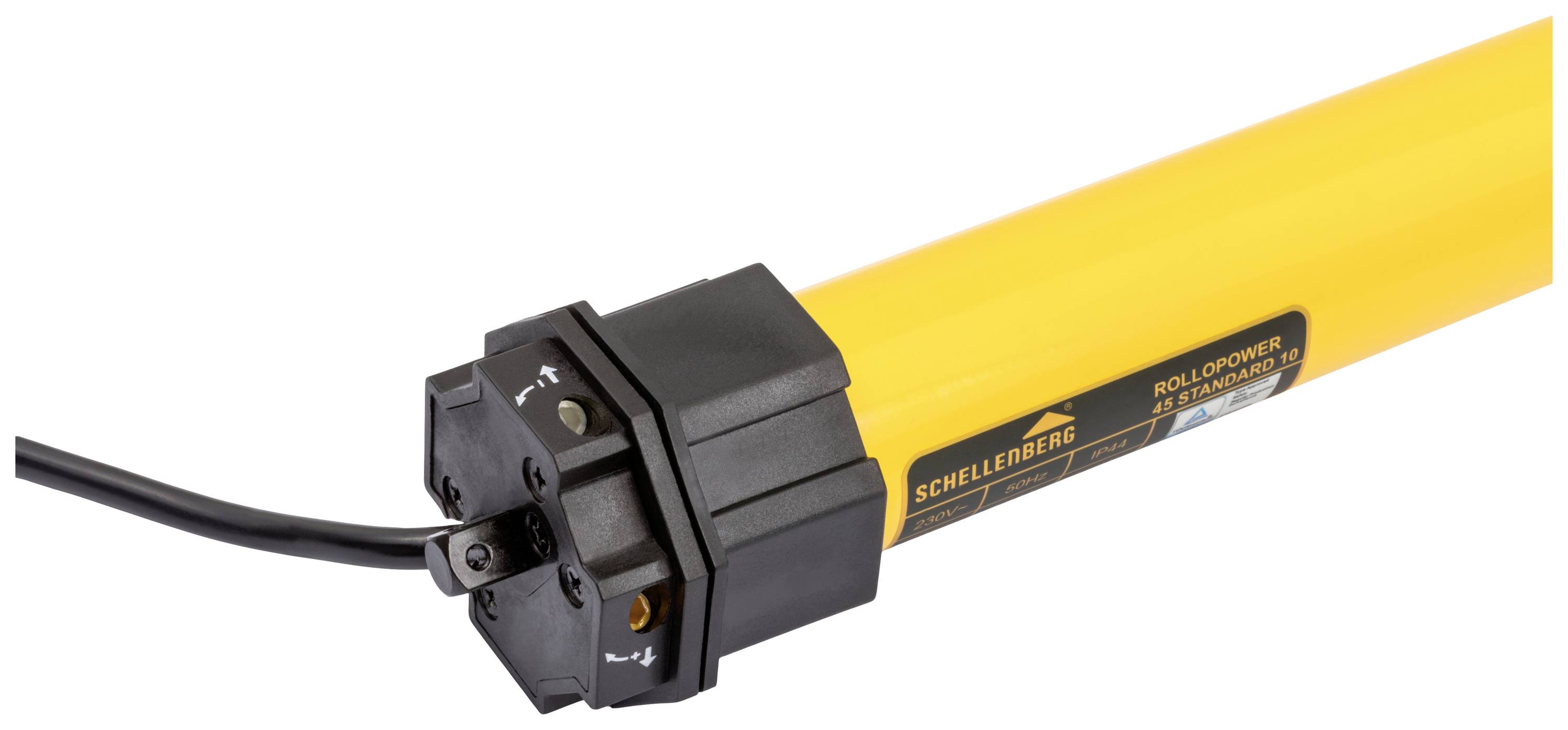 Ein gelber Rohrmotor von Schellenberg mit schwarzem Ende und Kabelanschluss, verwendet für den elektrischen Antrieb von Rollläden.