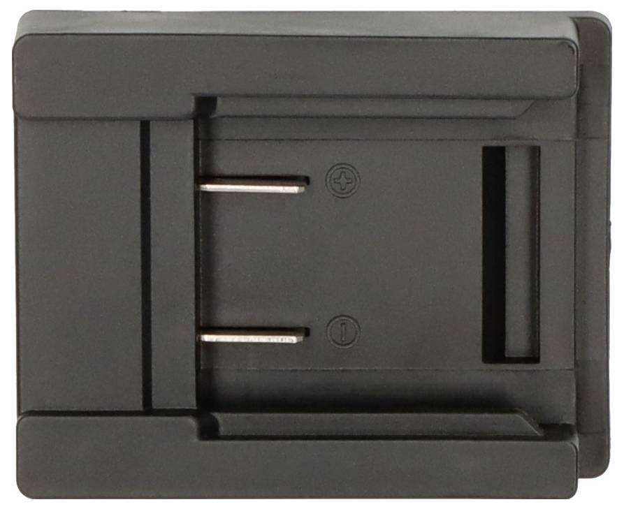 Schwarze rechteckige Batterieladegerätbasis mit zwei Metallkontaktstiften und einem Seitenschlitz