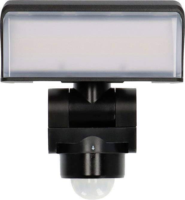 LED-Außenleuchte mit Sensor, rechteckiges Design, schwarz. Hauptmerkmal: Bewegungsmelder darunter. Geeignet für Wandmontage.